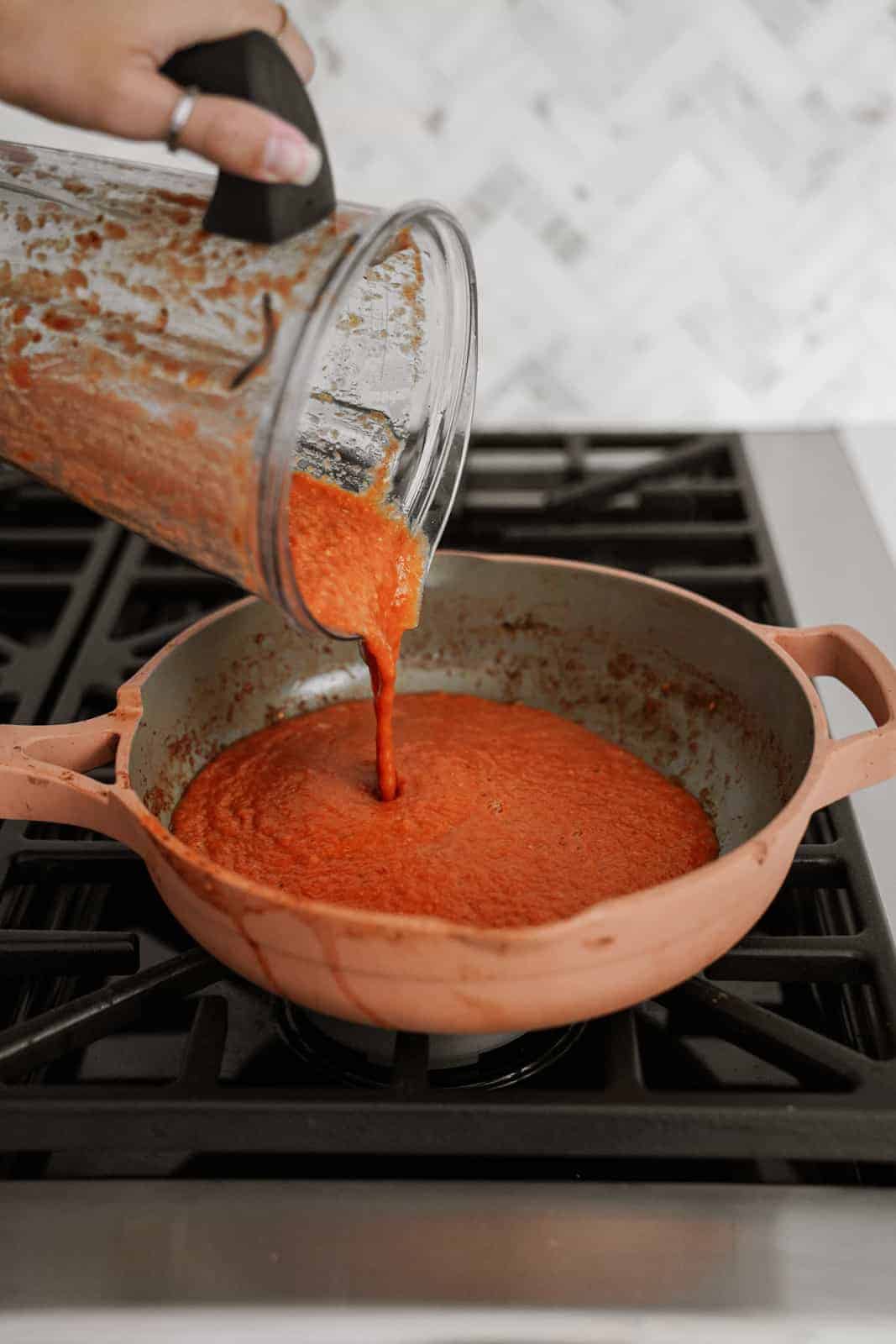 Blended Greek tomato sauce in a pan on the stove