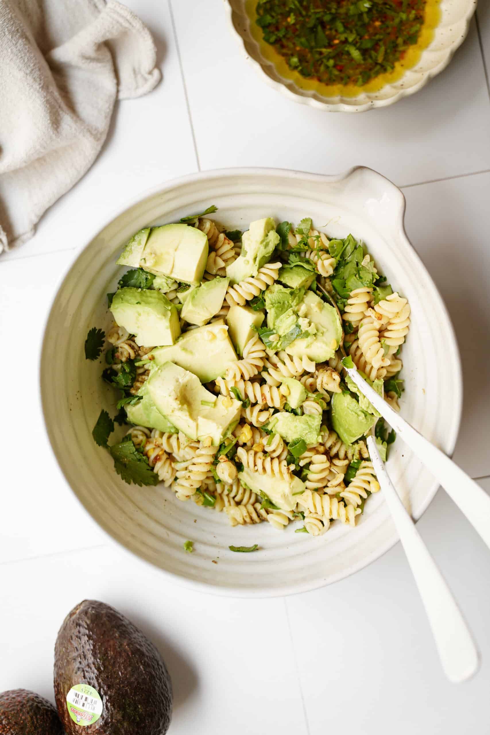 Avocado pasta salad in a bowl