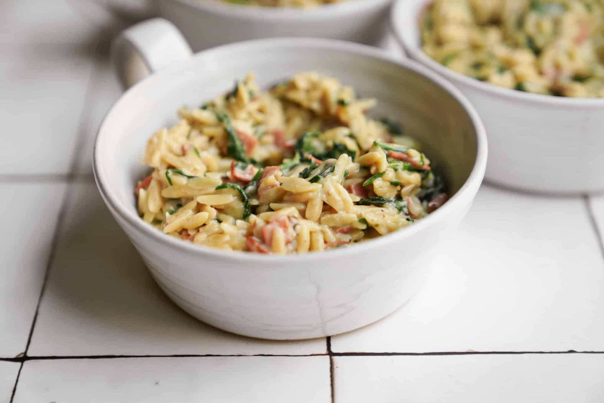 Bowl of orzo carbonara