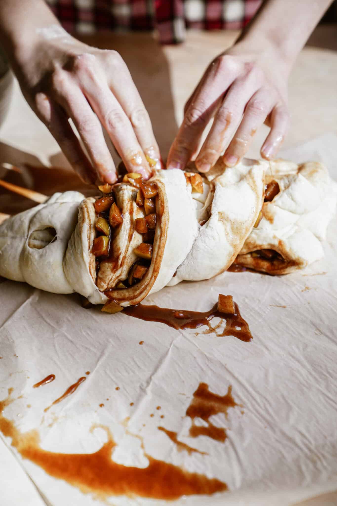 Dough folded over for apple fritters