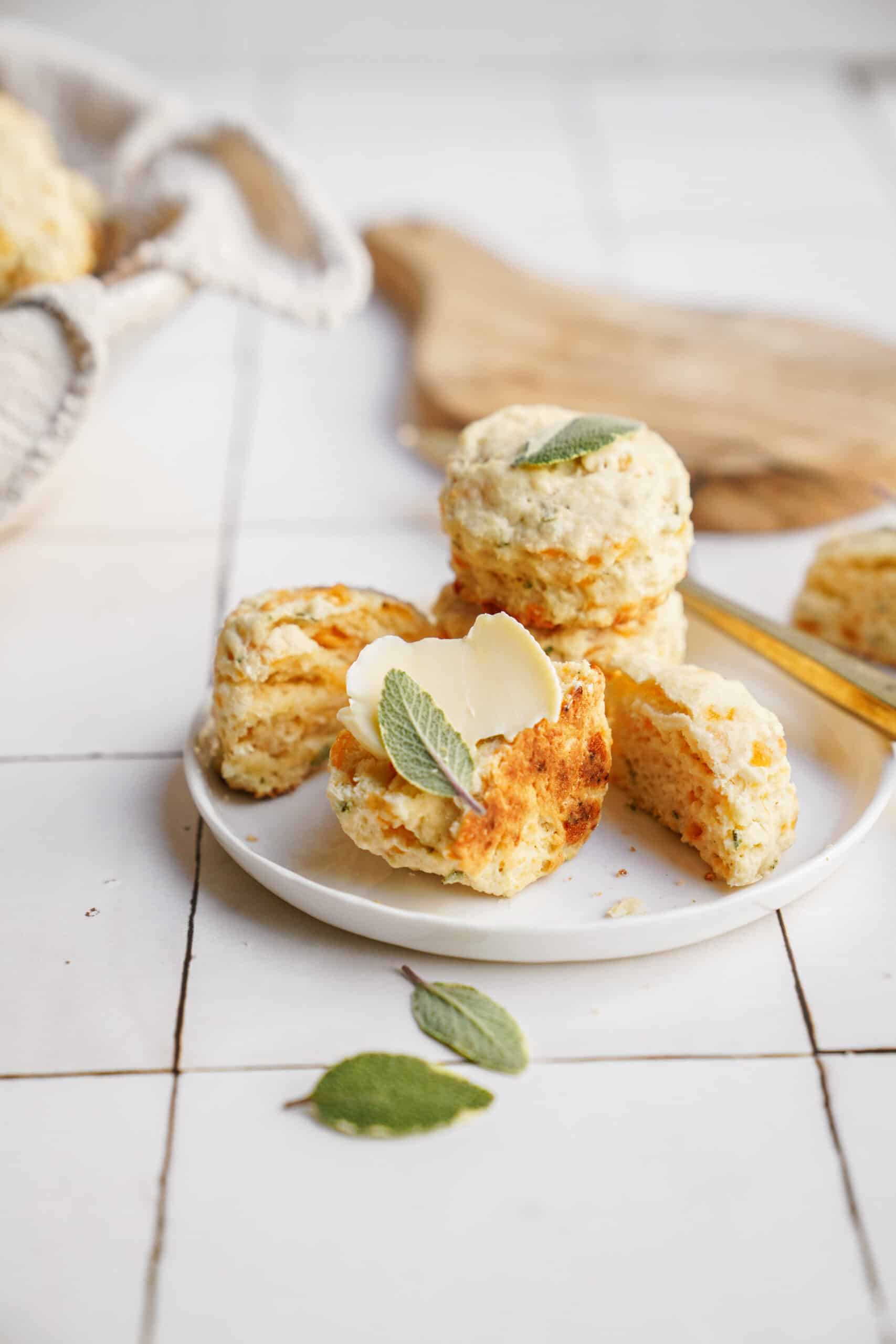 Cheddar biscuits on a white plate