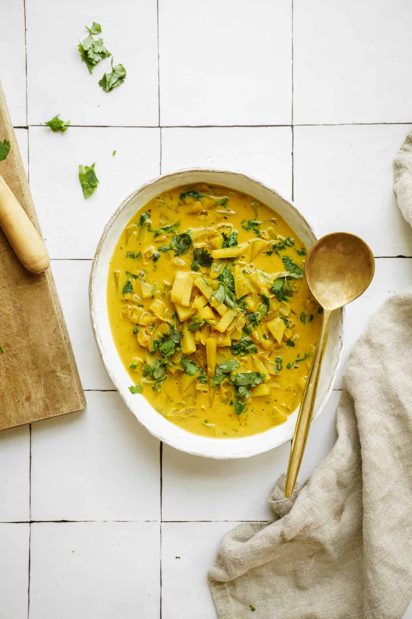 Curry potato soup in a large serving dish