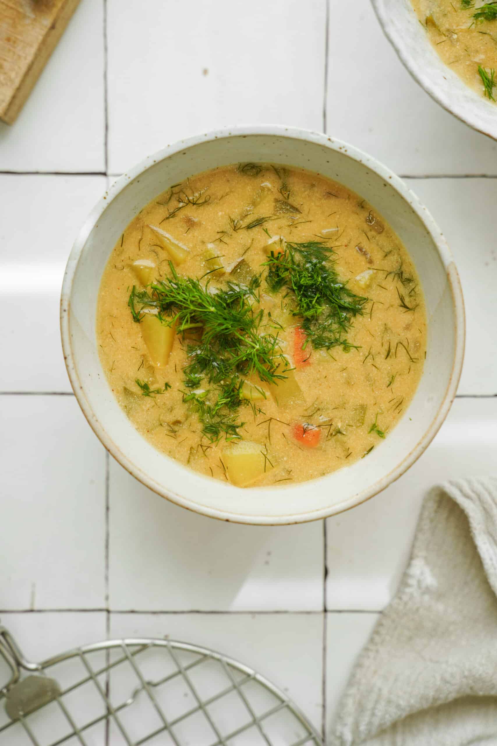 Dill pickle soup on countertop