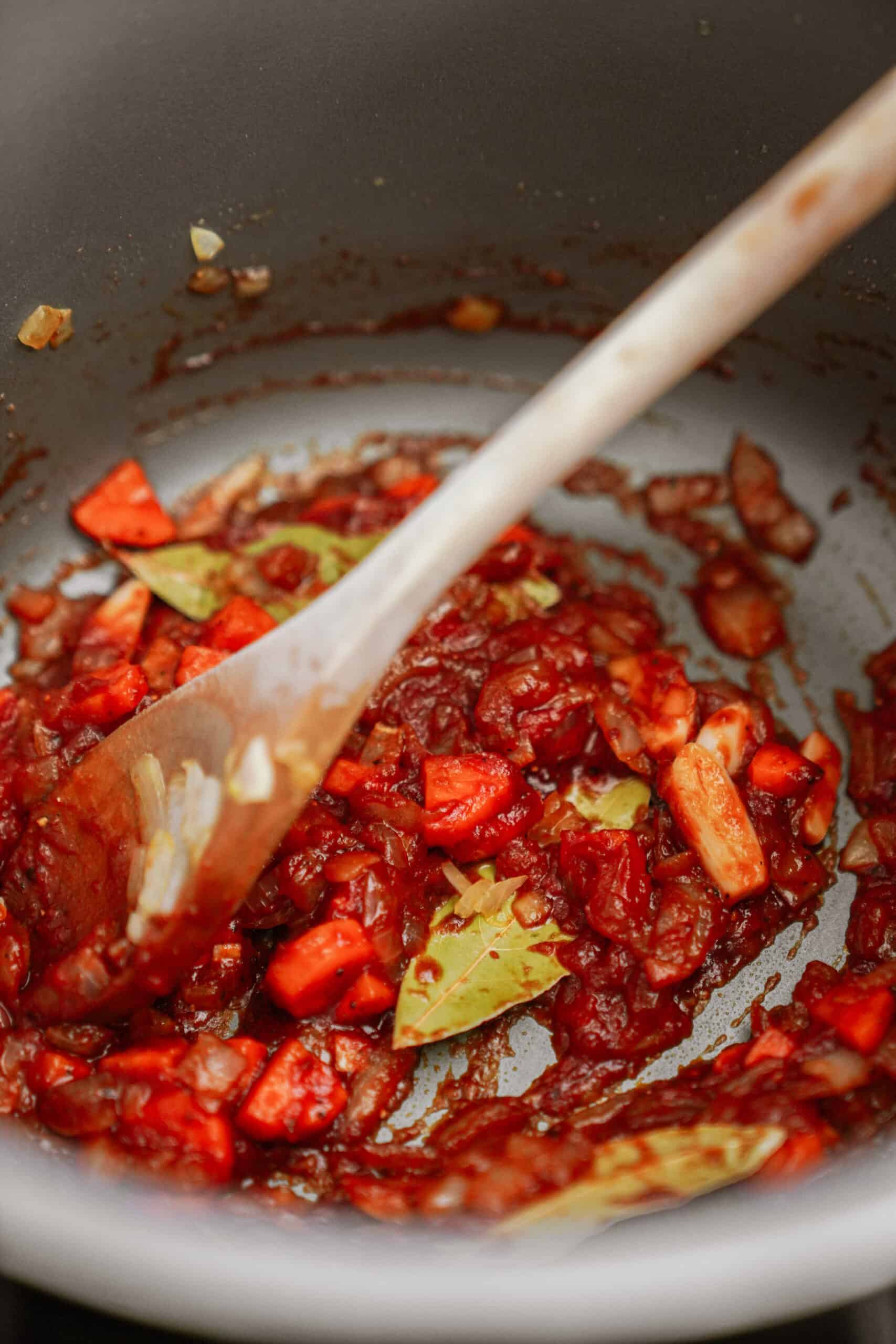 Soup ingredients cooking in a pot