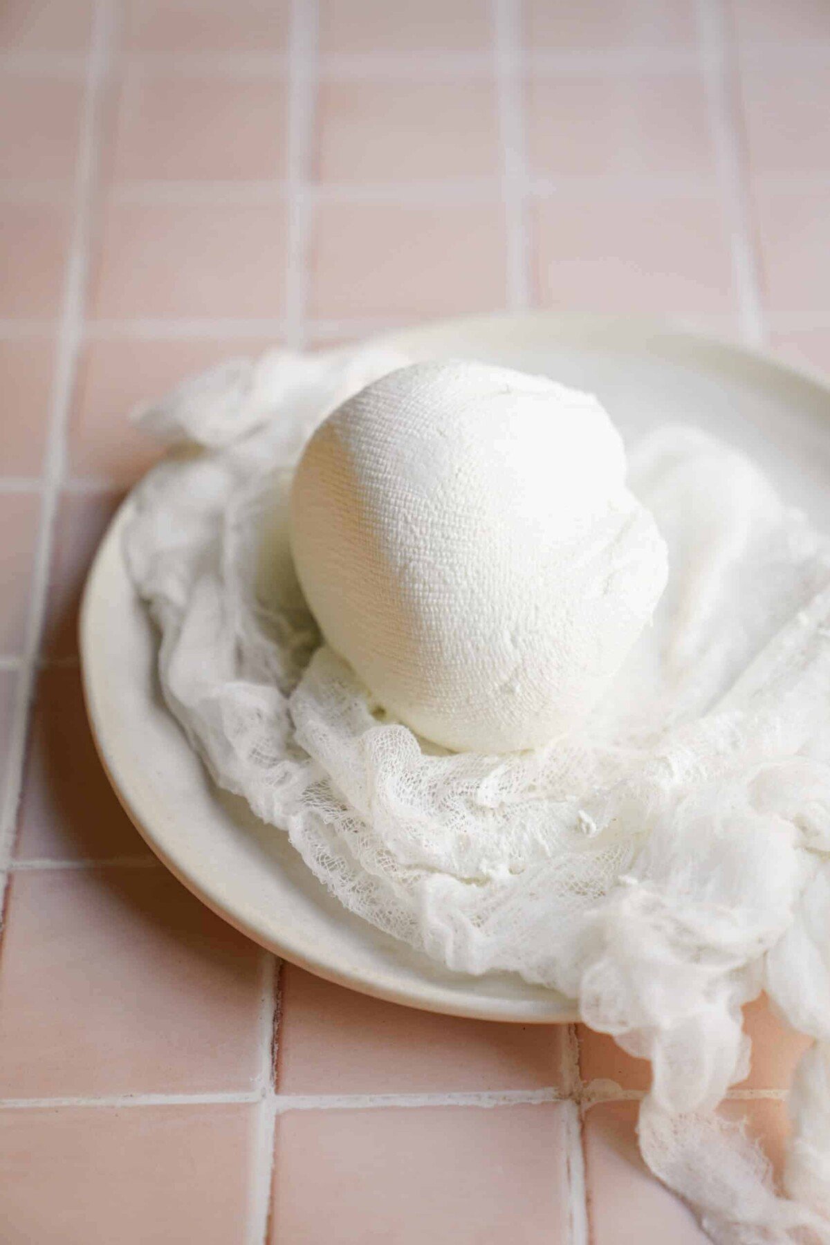Ball of Labneh on top of a cheese cloth on a white plate.