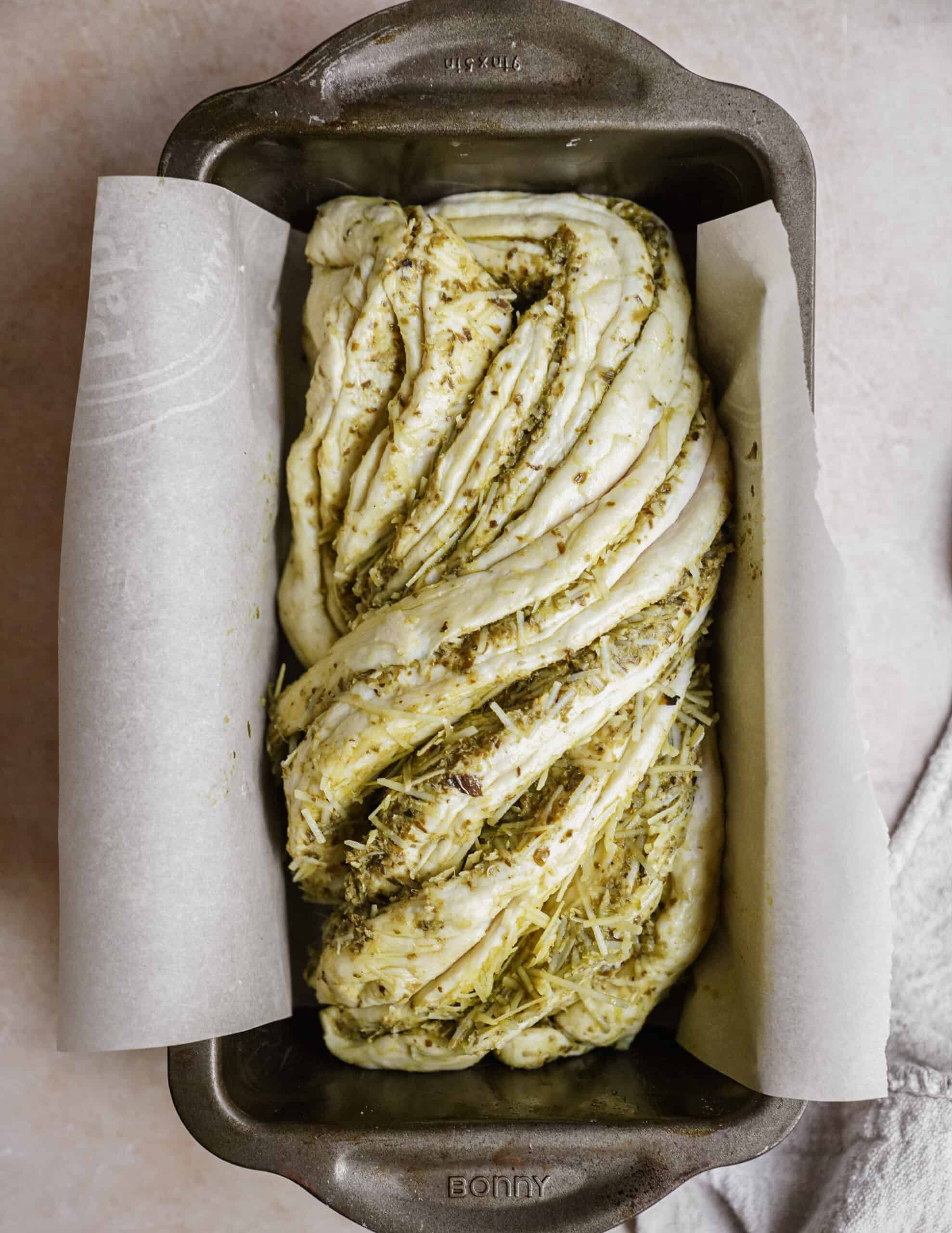 Twist bread in a pan ready to bake