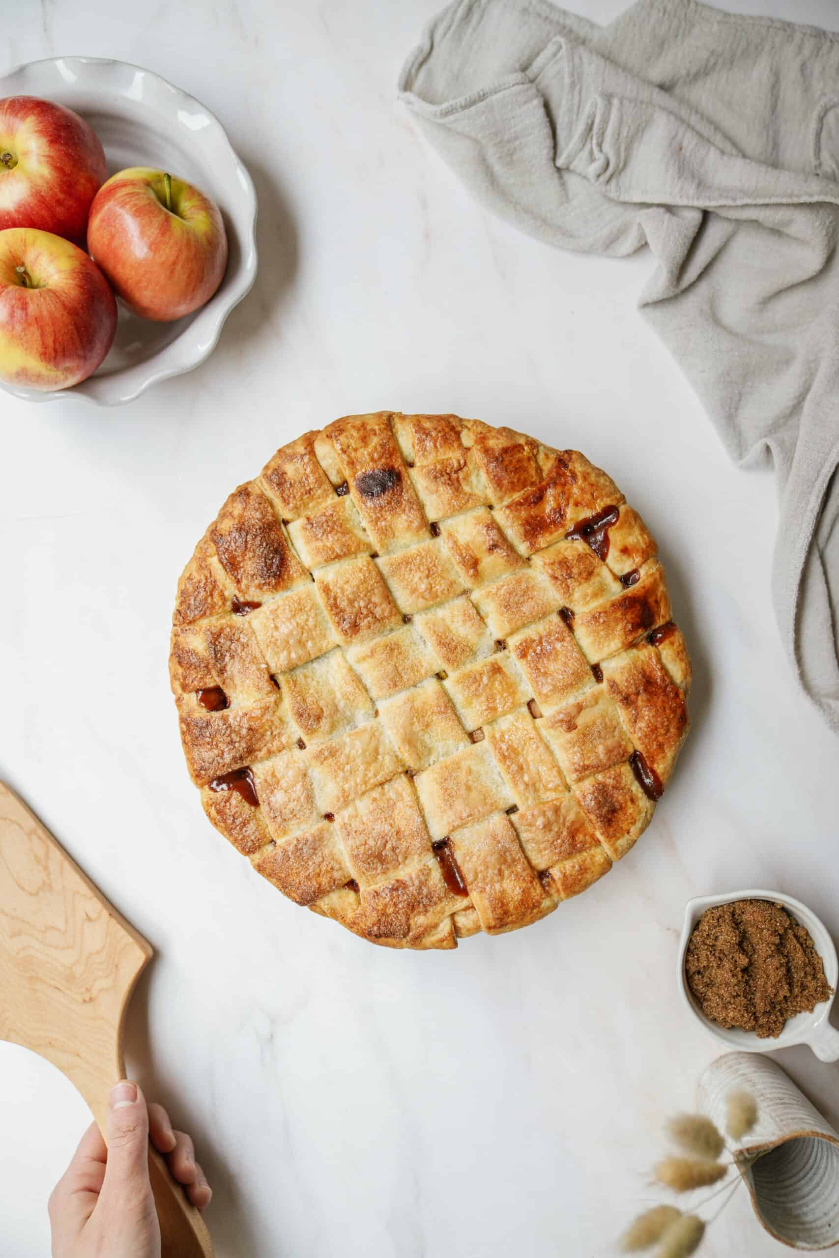 Homemade apple pie on countertop