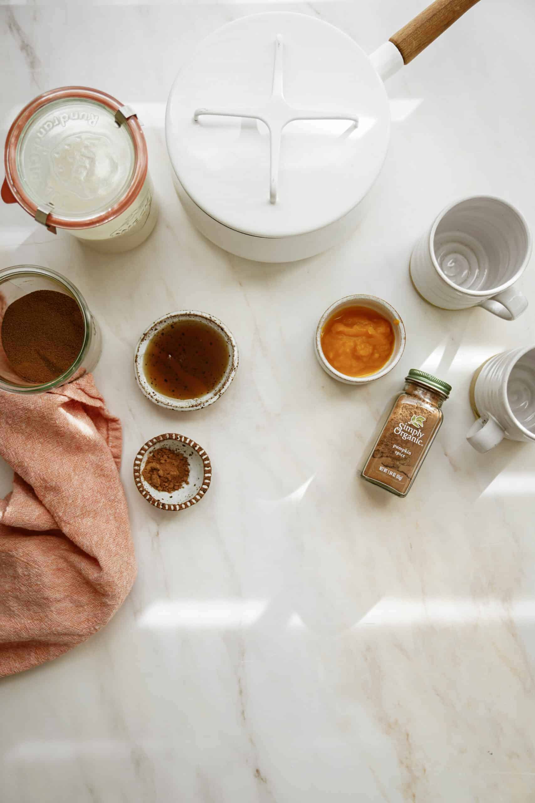 Ingredients on counter for pumpkin spice latte