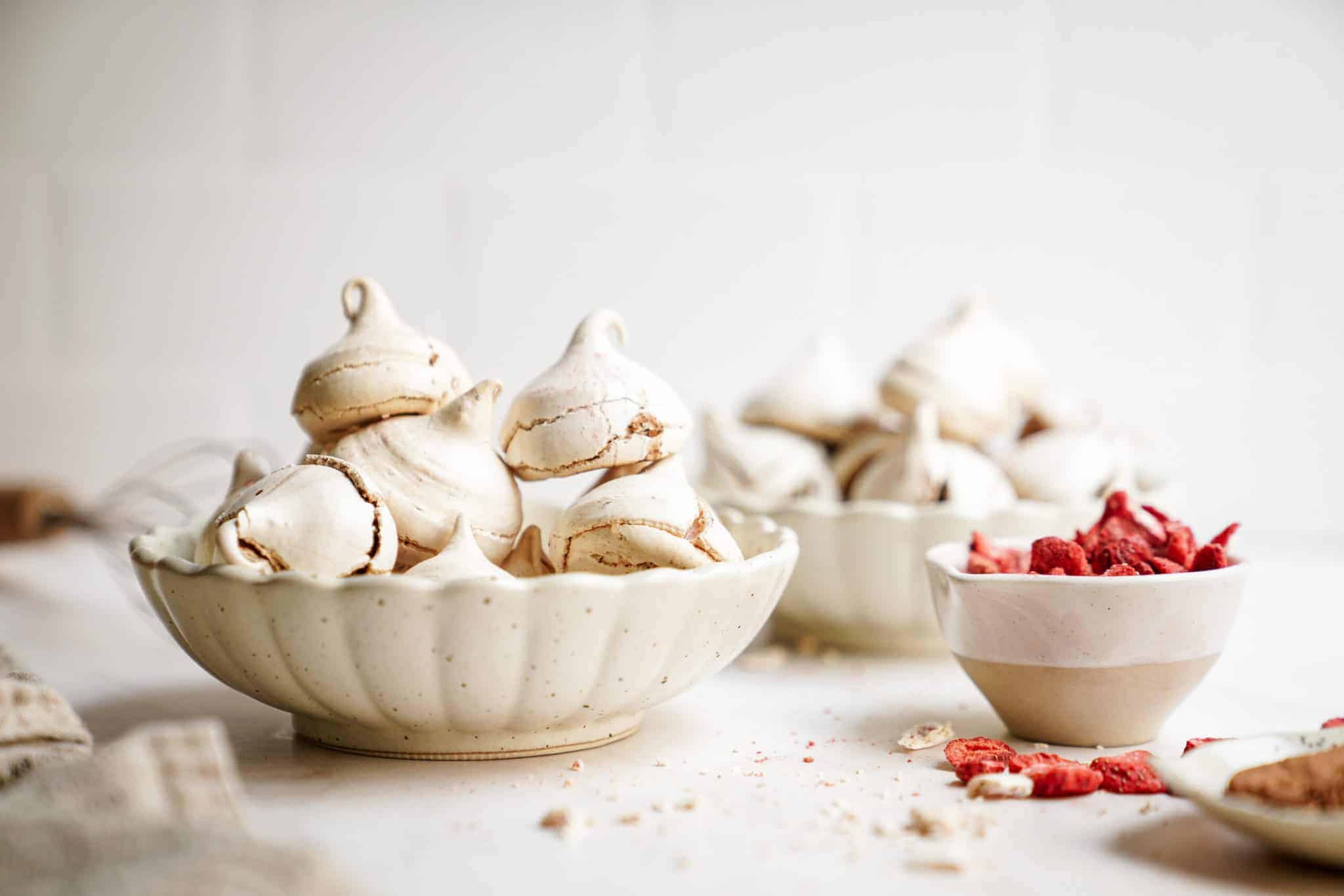 Chocolate meringue Cookie Recipe in bowls with ingredients