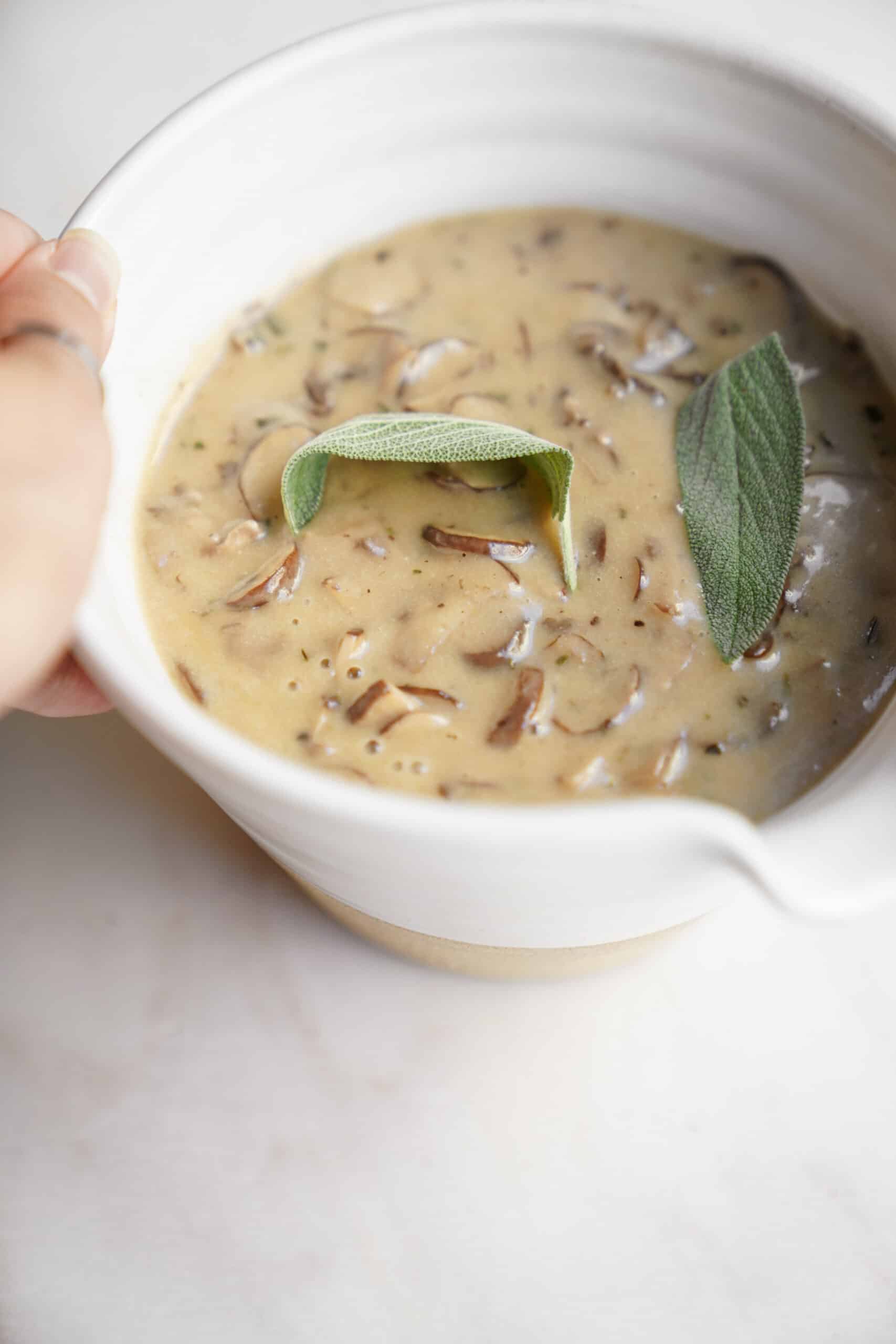 Mushroom gravy in a bowl