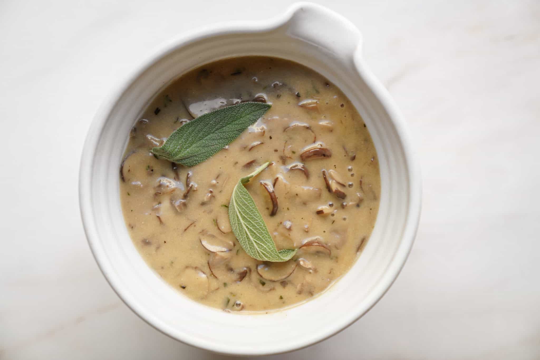 Mushroom gravy in a bowl