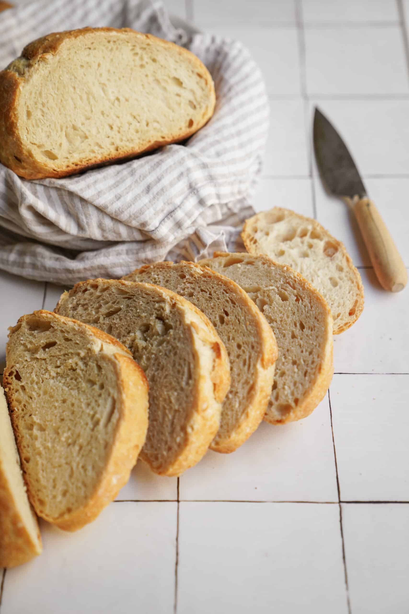 Sliced loaf of no-knead bread 