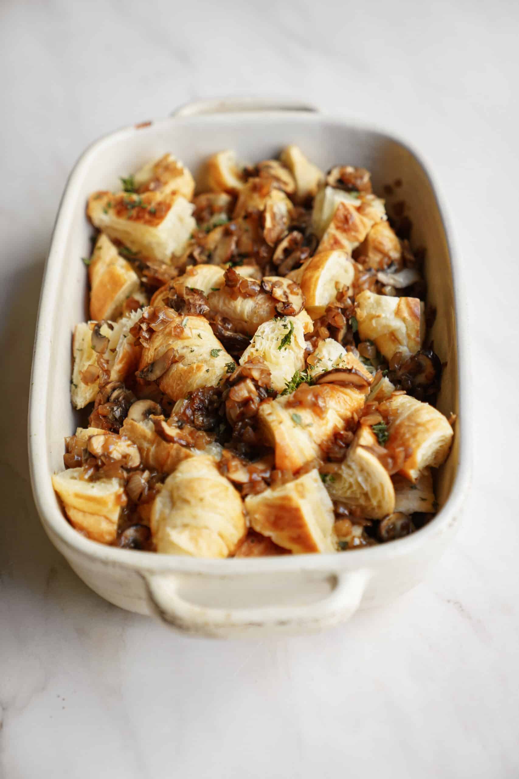 Savory Bread Pudding in a casserole dish