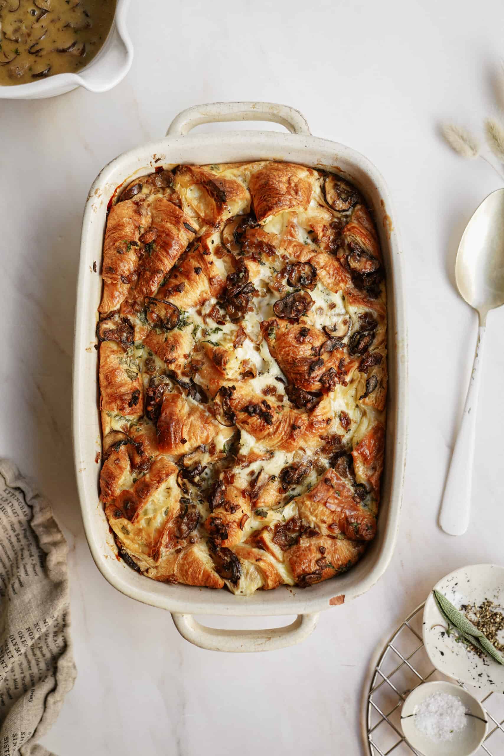 Savory Bread Pudding in a casserole dish