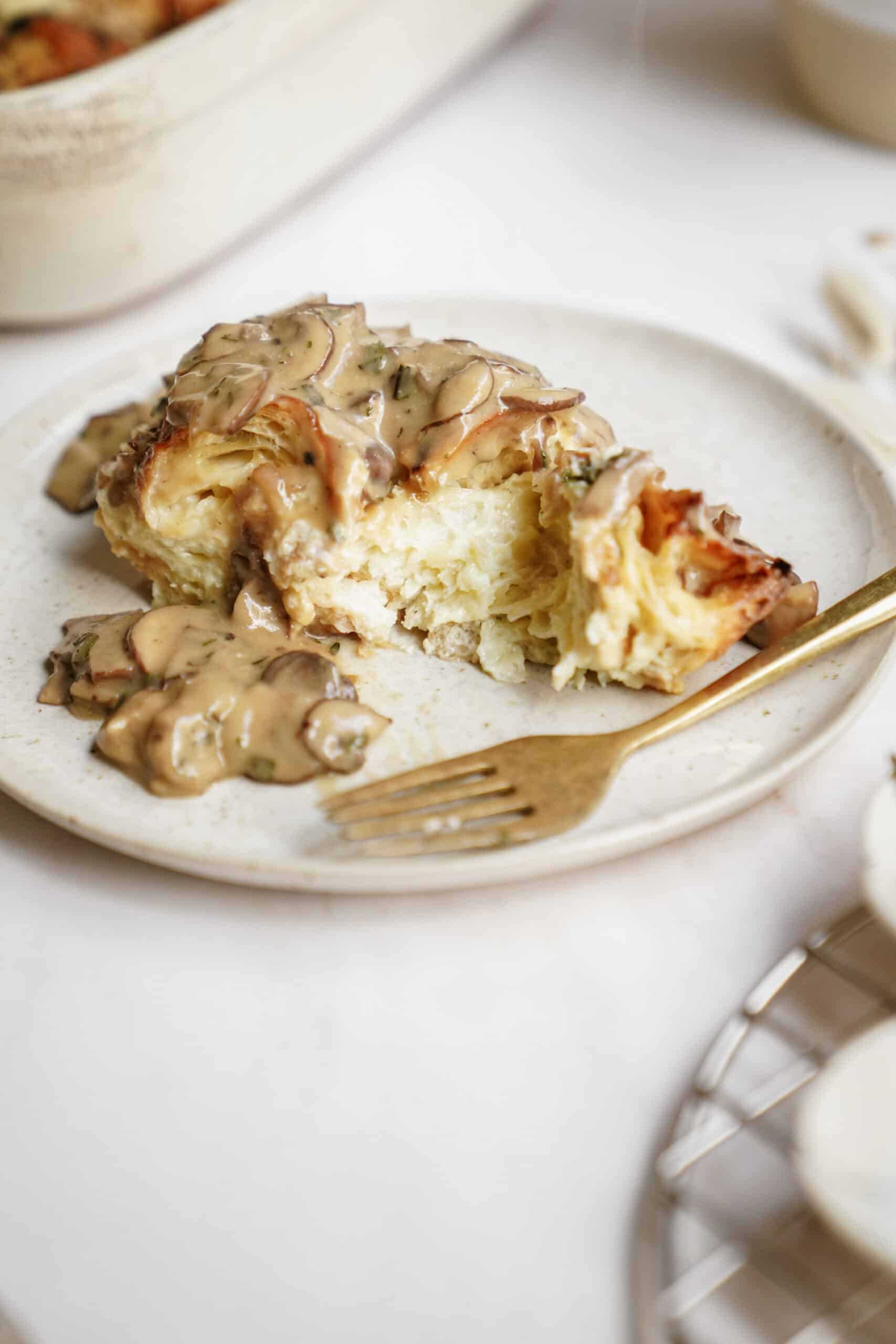 Mushroom gravy on mashed potatoes on a plate