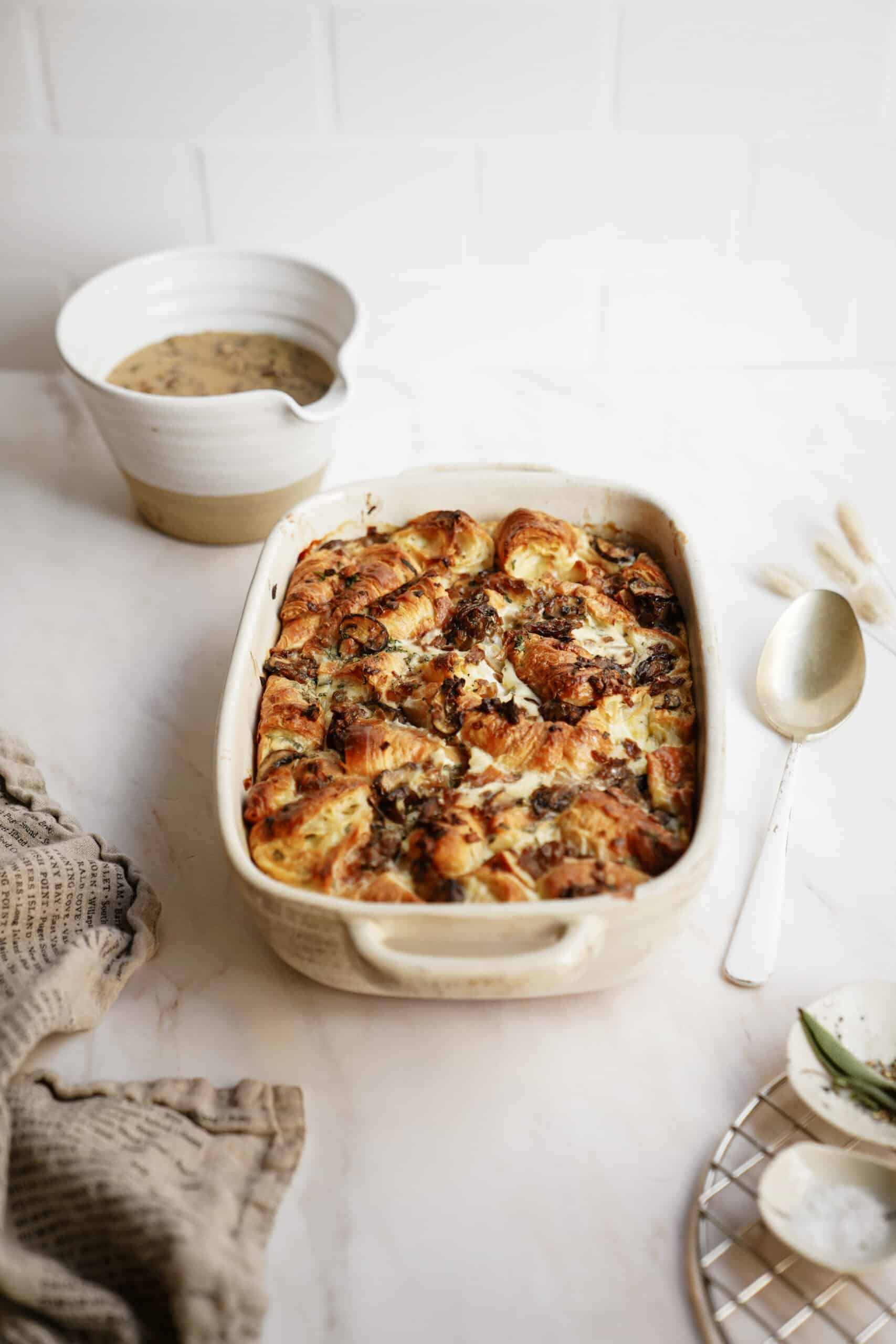 Savory Bread Pudding in a casserole dish