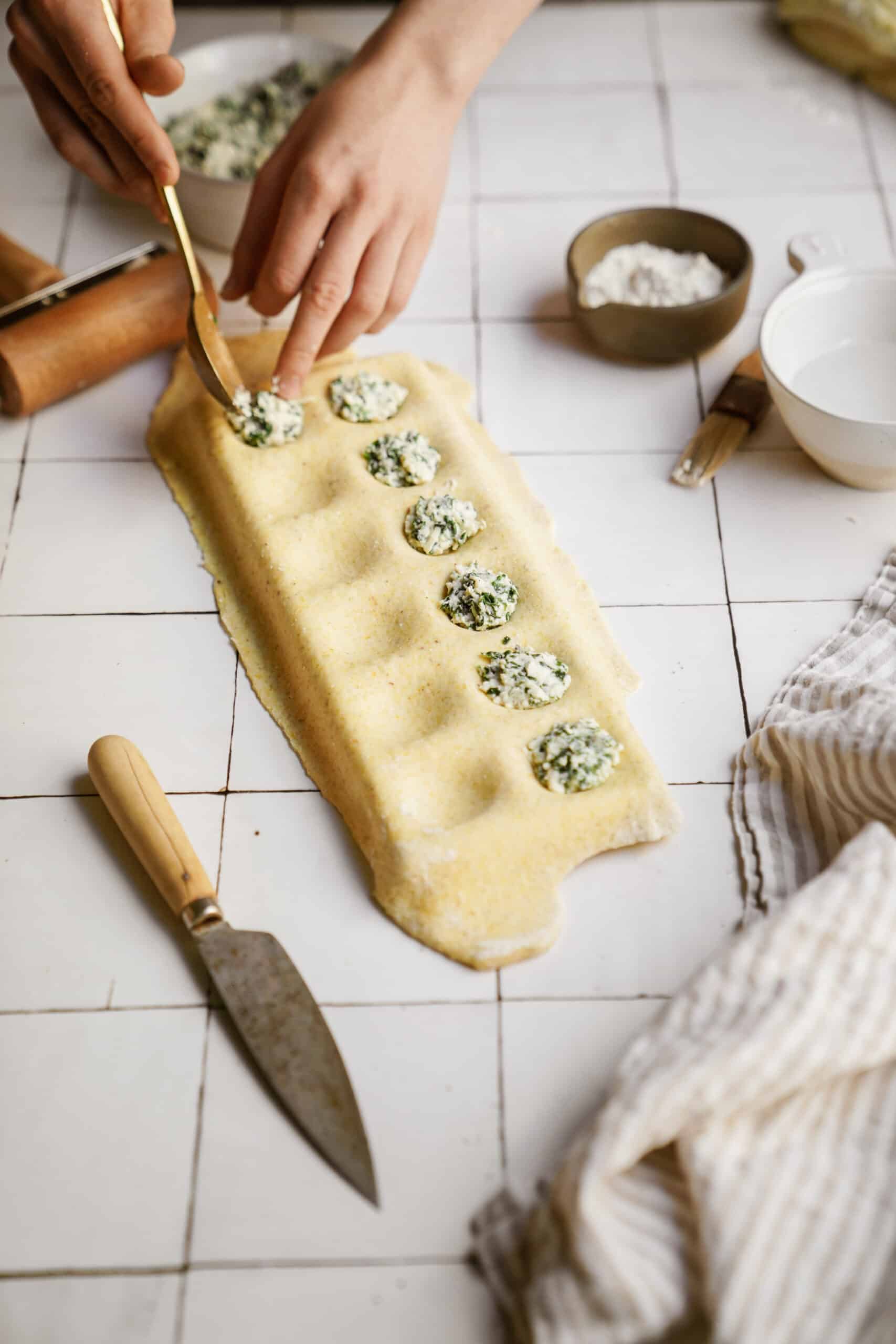 Spinach and Ricotta Ravioli being stuffed