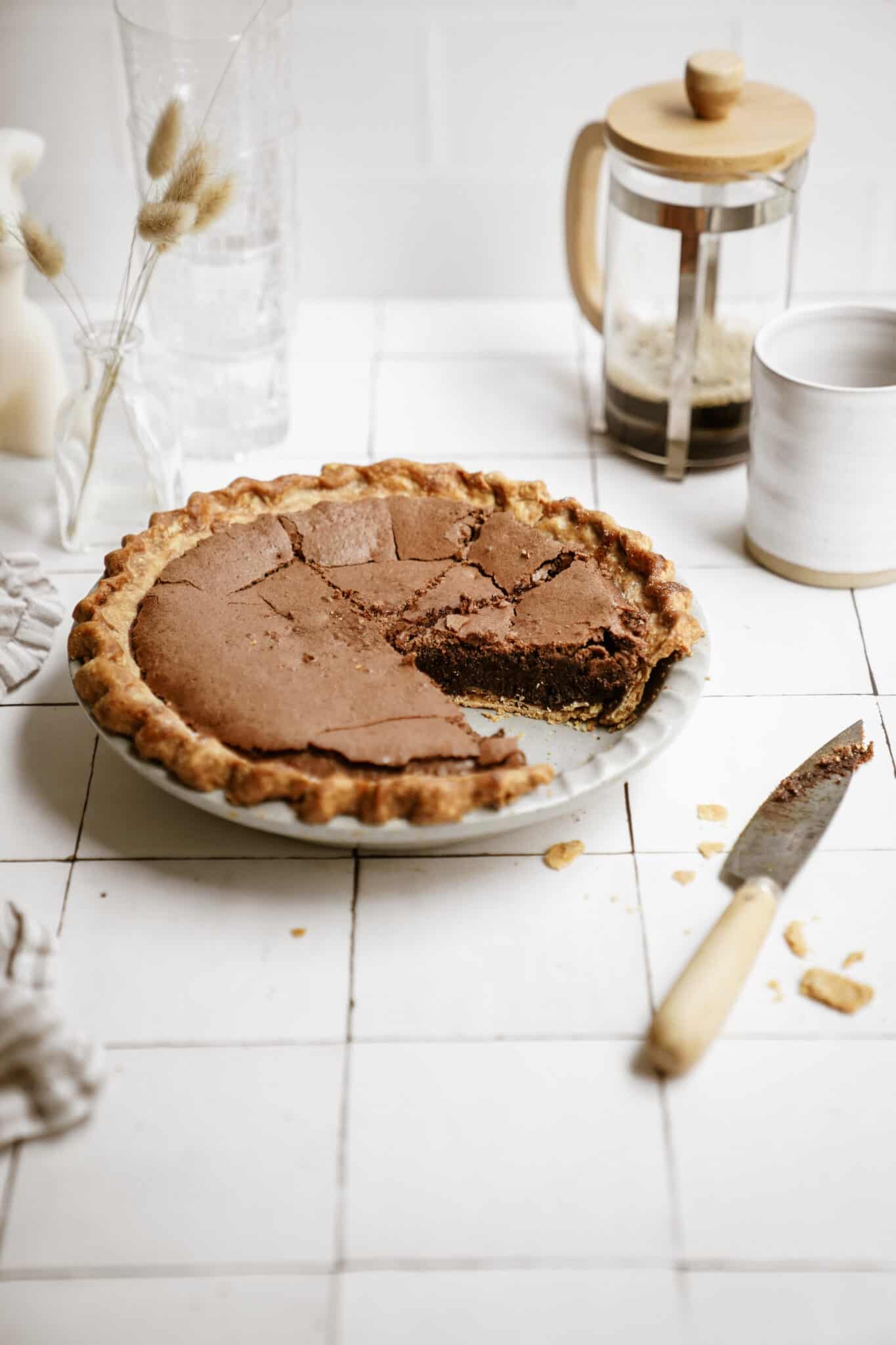 Brownie pie with a slice out of it
