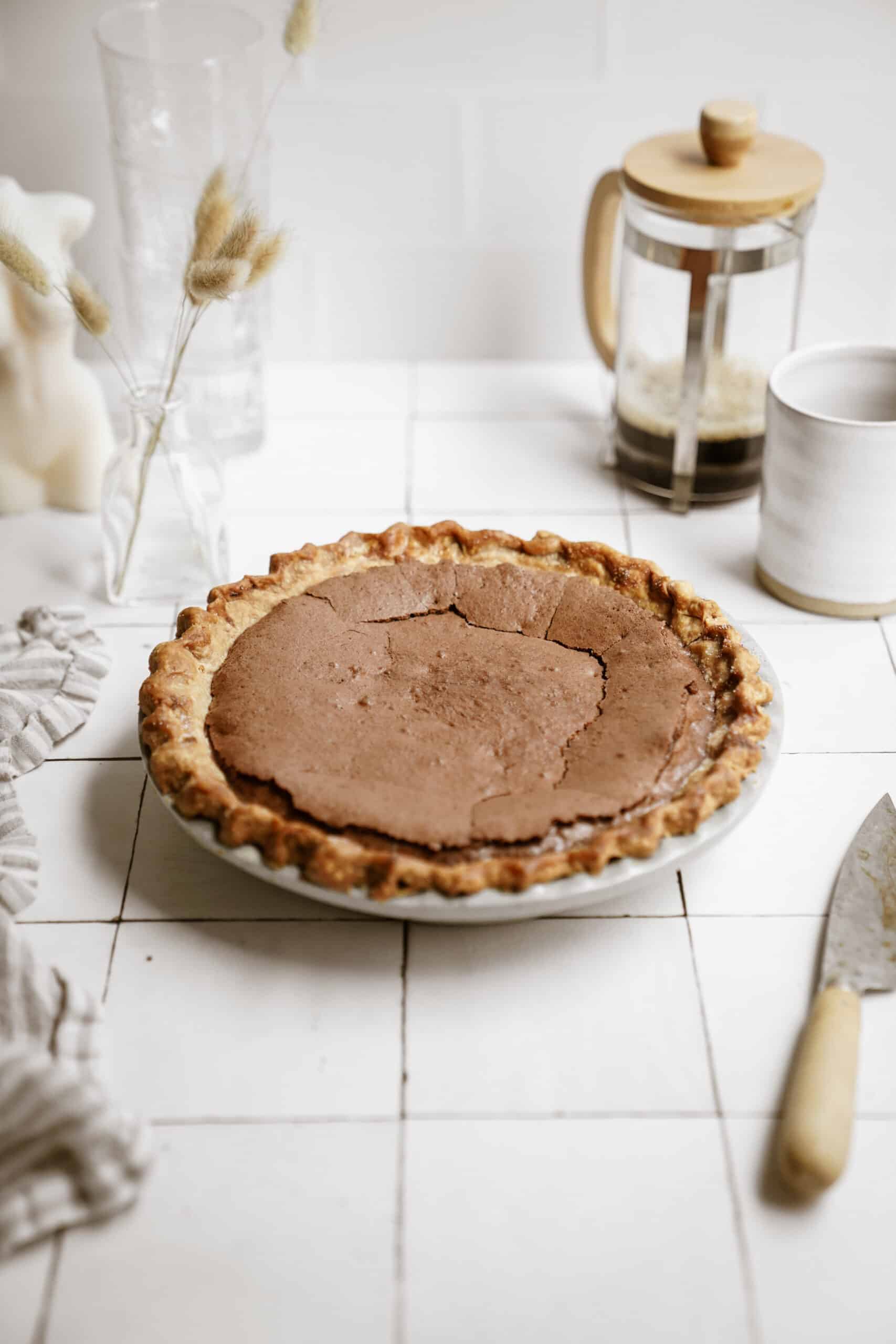 Brownie pie on a counter top