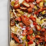 Buffalo chicken nachos on a tray