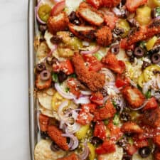 Buffalo chicken nachos on a tray