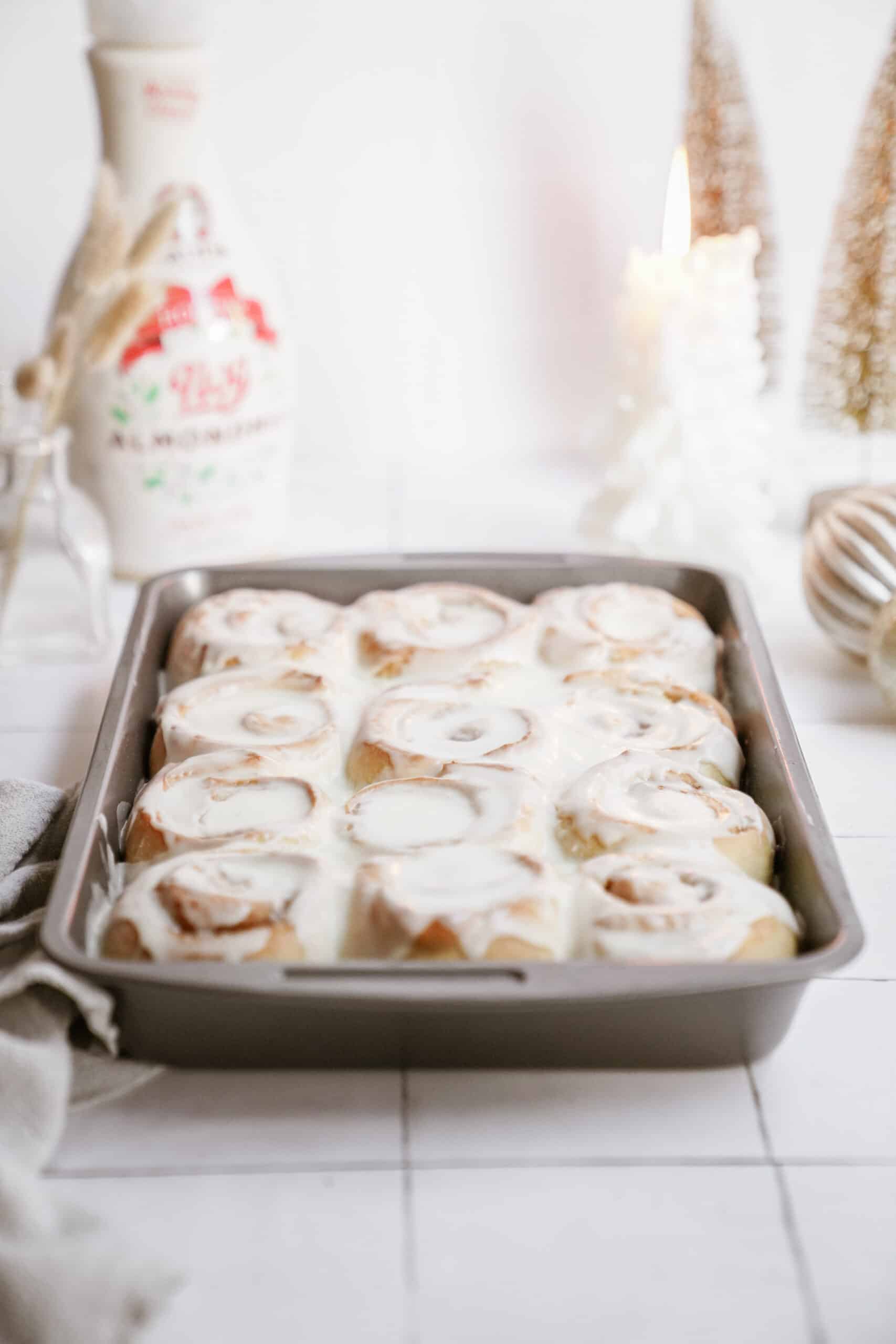 Eggnog cinnamon roll in a baking tray