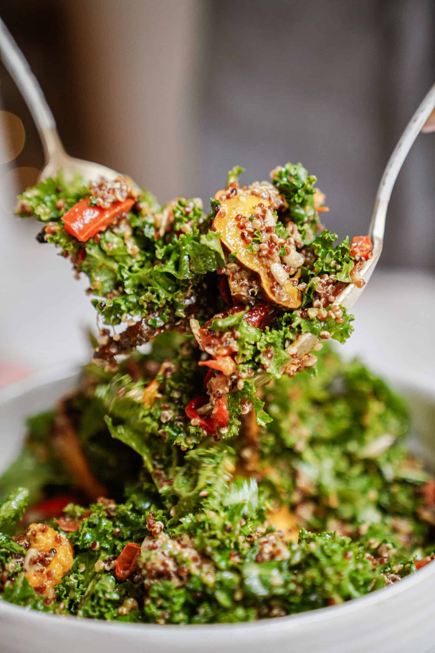 Kale Quinoa Salad being scooped with 2 spoons