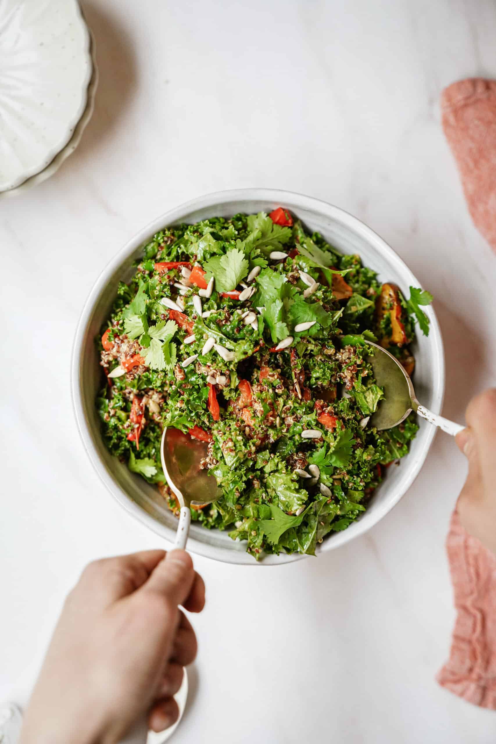 Kale Quinoa Salad being scooped with 2 spoons