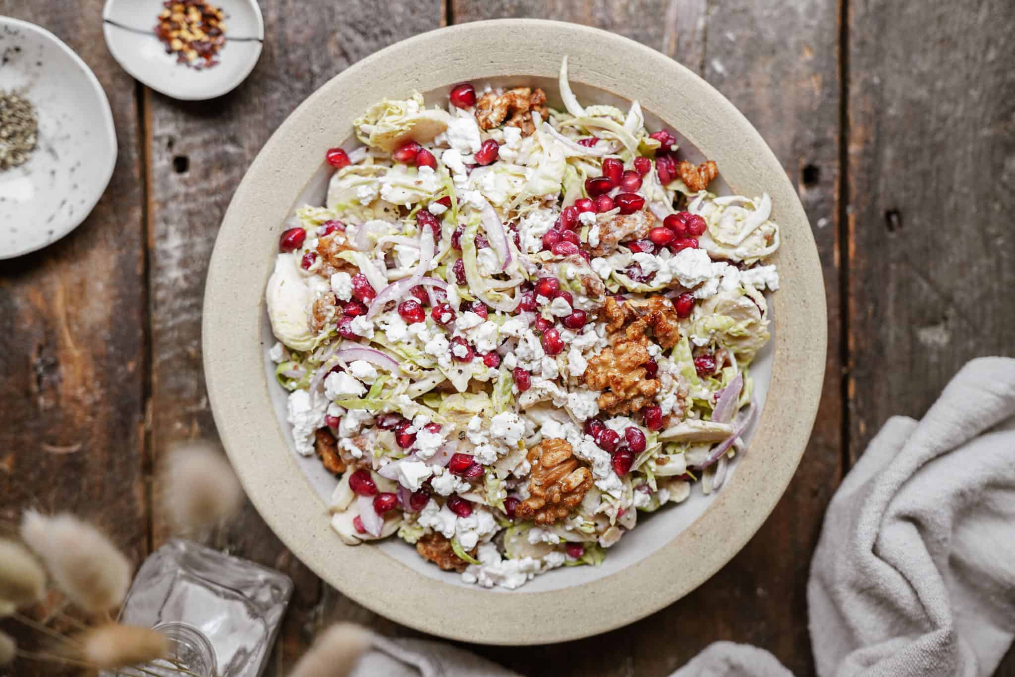 Shaved Brussel Sprout Salad in a big white bowl