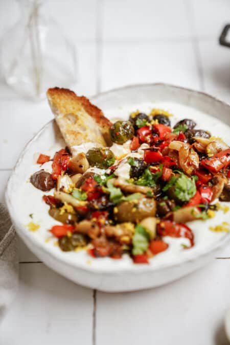 Whipped Feta with Roasted Garlic, Red Pepper and Chili Olives