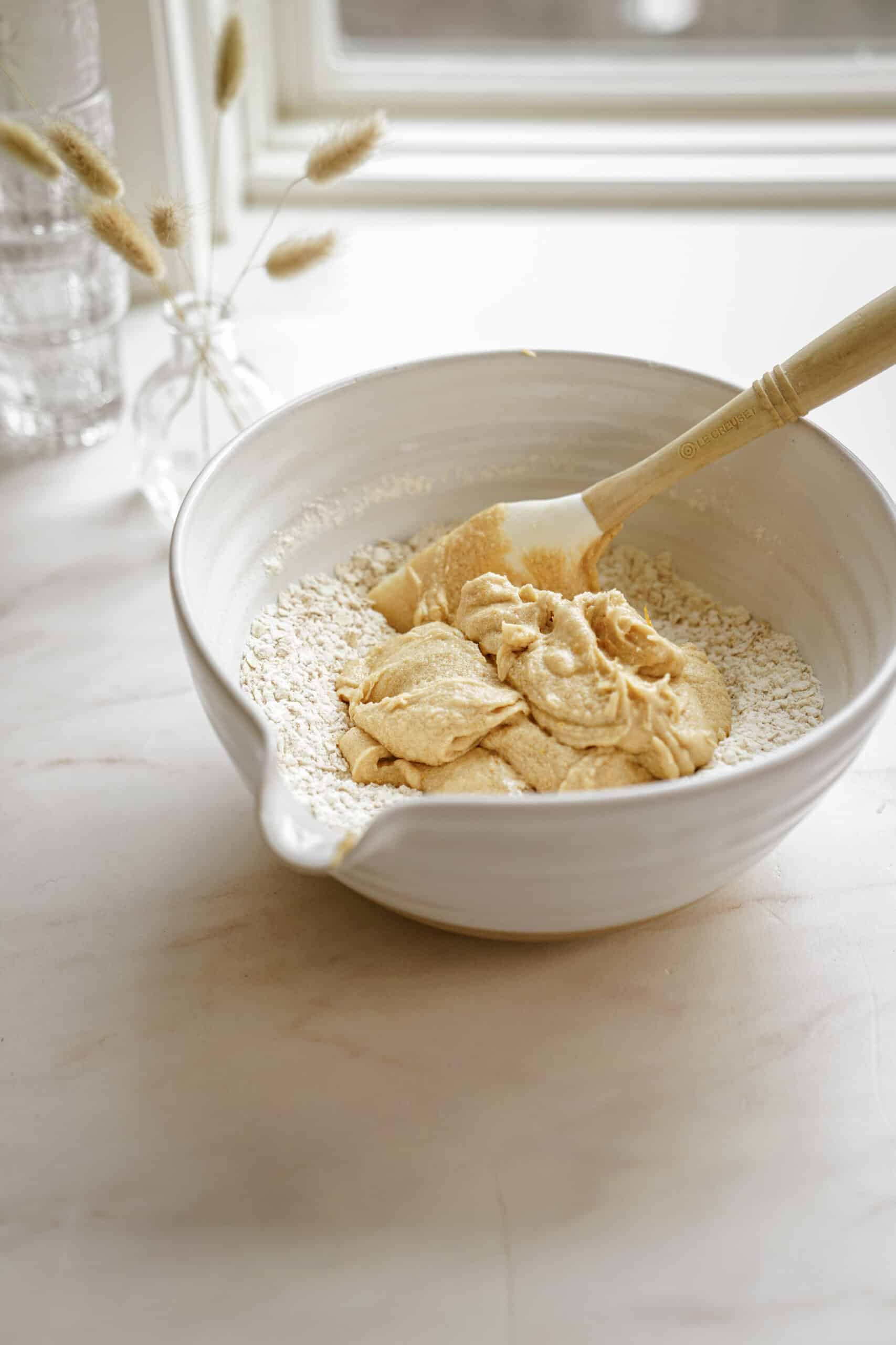 Ingredients in mixing bowl for White Chocolate Oatmeal Cookies