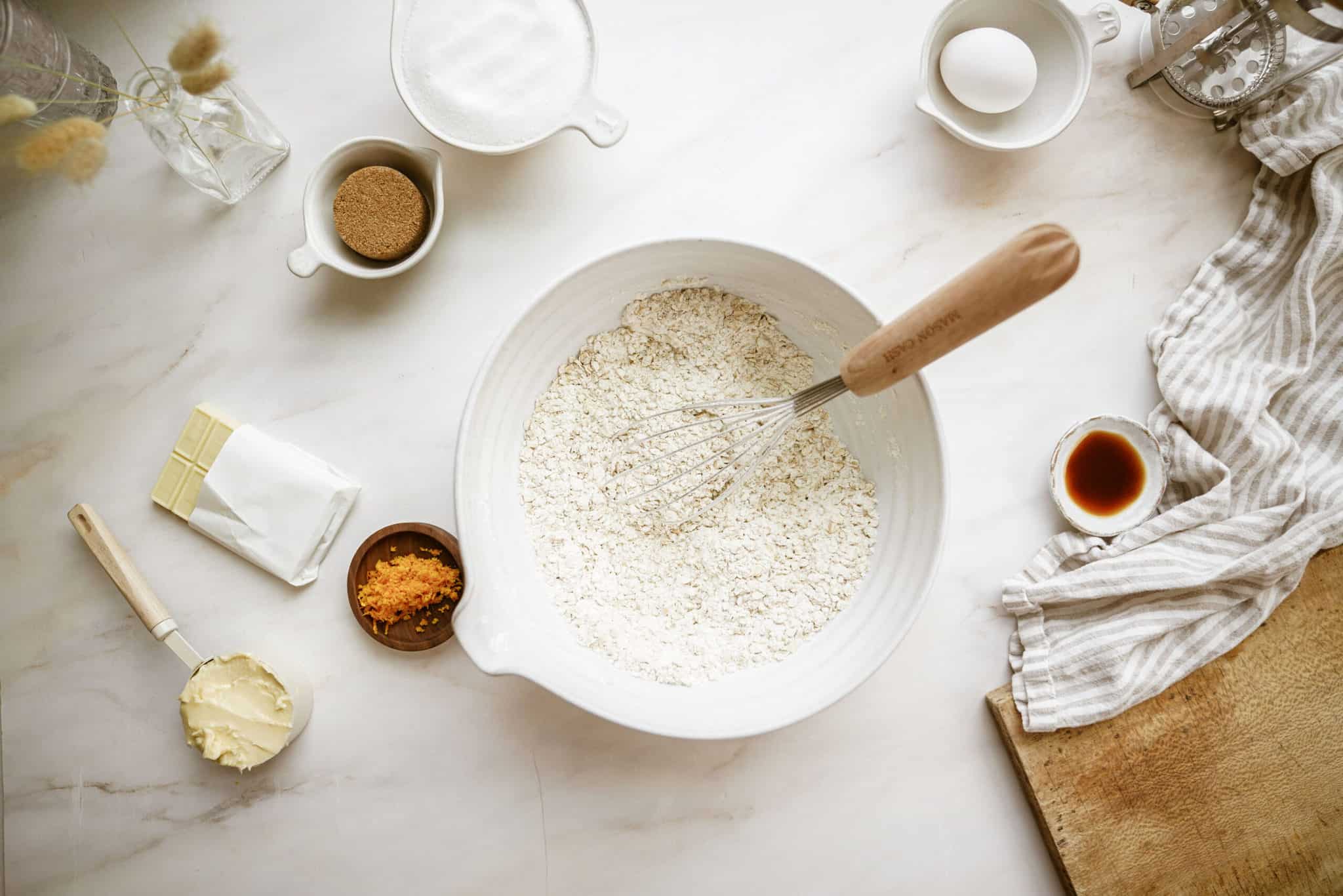 Dry ingredients in a mixing bowl for White Chocolate Oatmeal Cookies