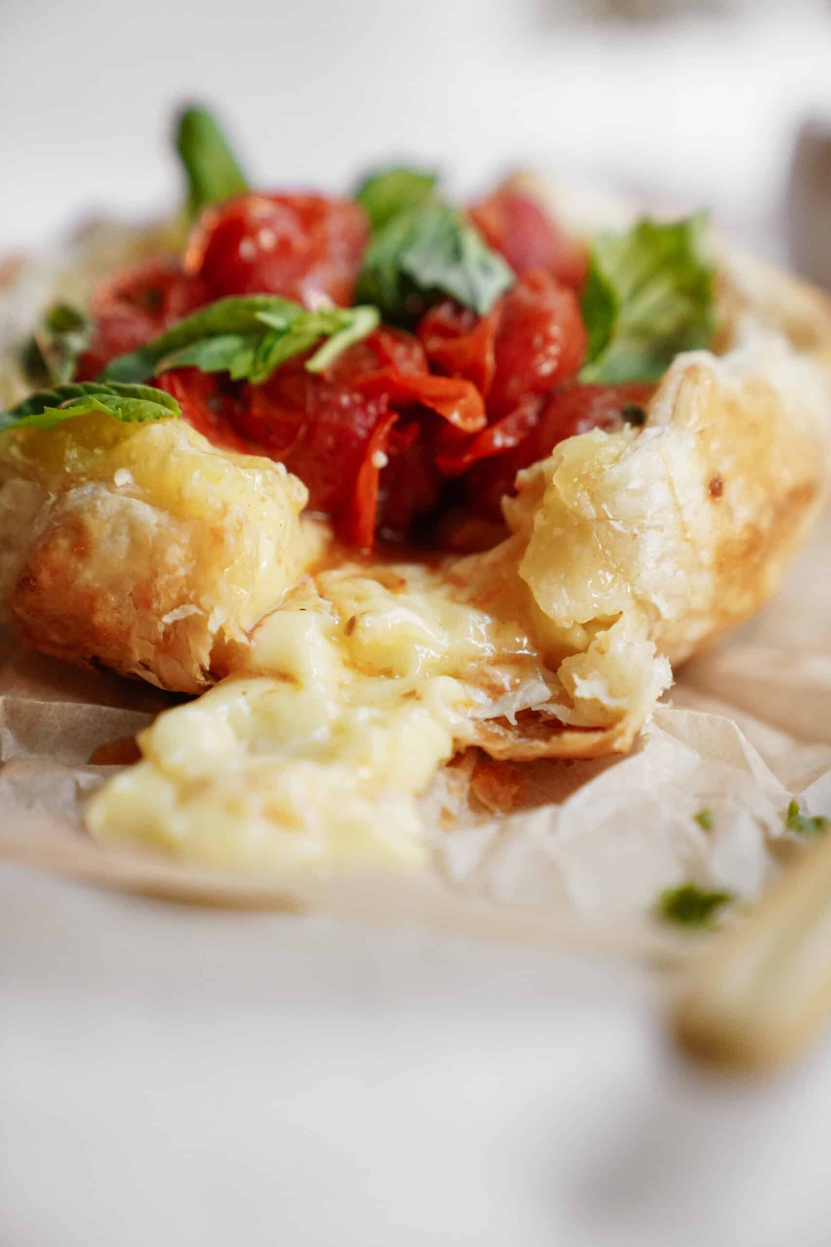 Baked brie recipe on a counter, close-up