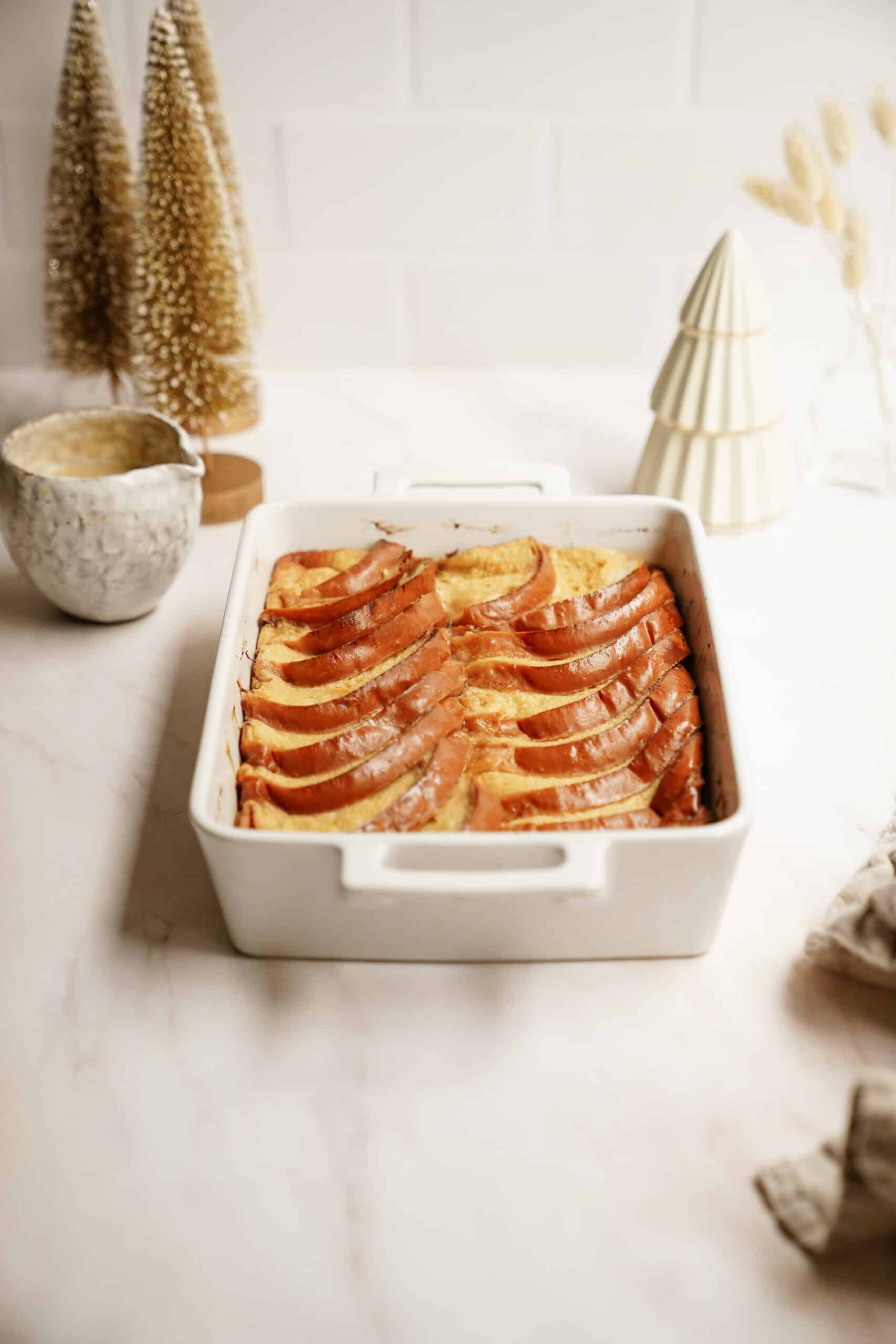 Baked French Toast Recipe in white casserole dish