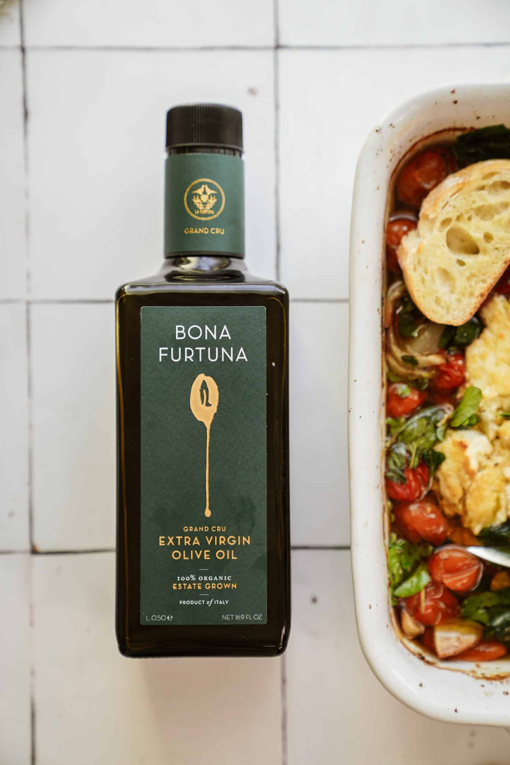 Bona Fortuna olive oil on a counter top