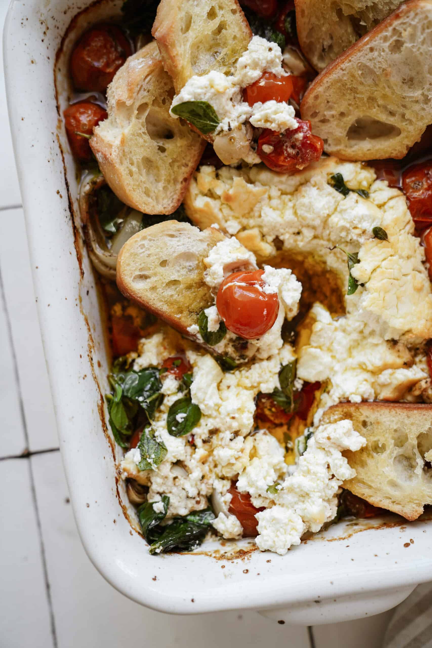 Close-up of baked goat cheese dip