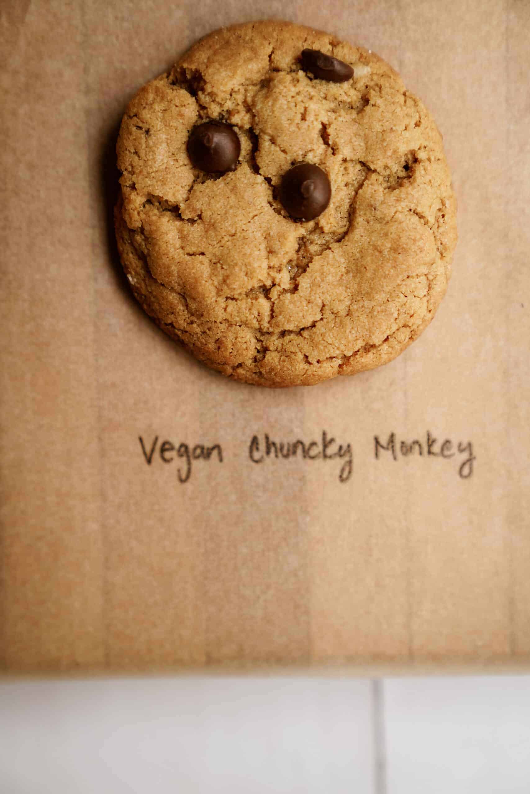 Vegan chunky monkey cookie on brown paper