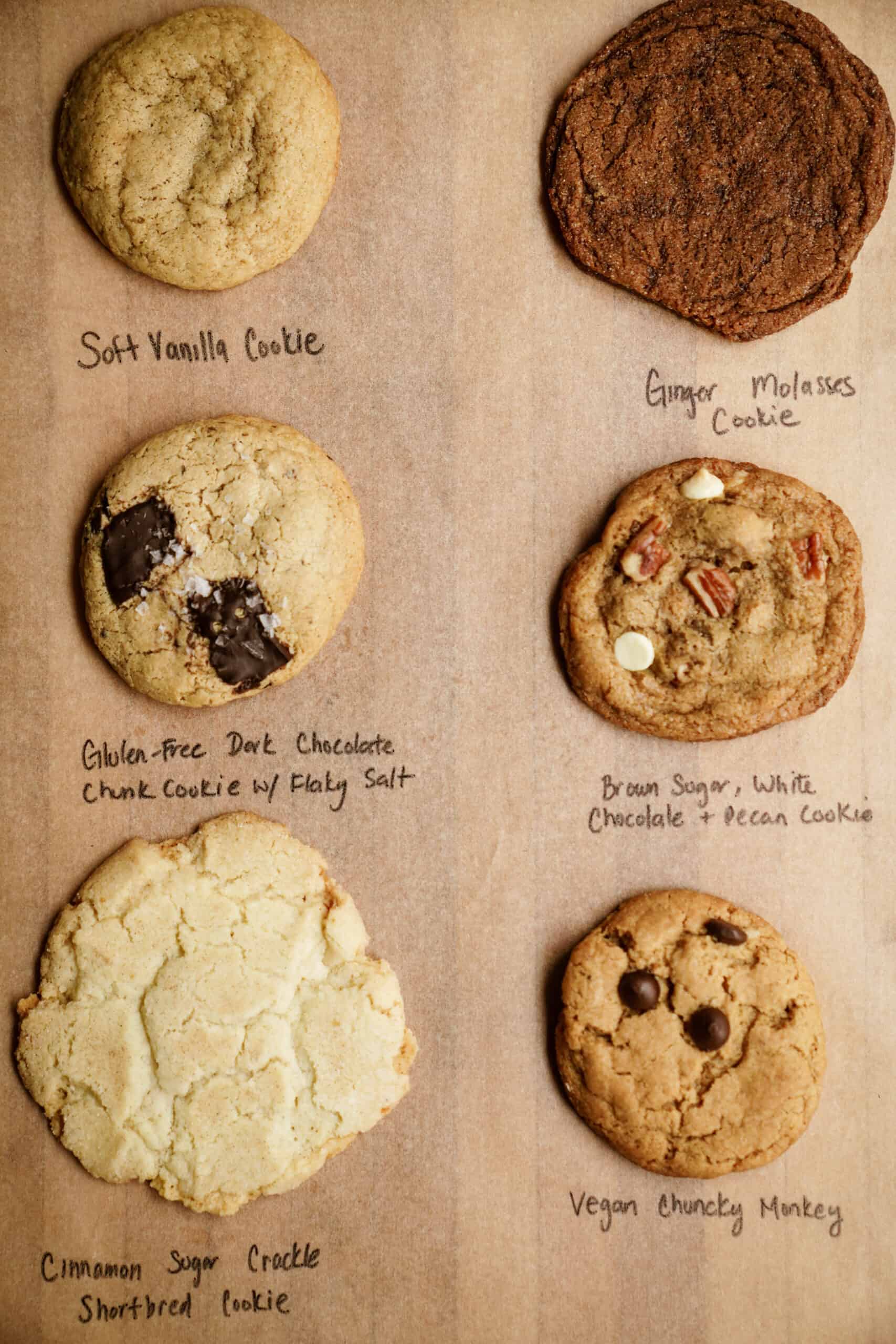 cookie dough recipe done 6 different ways and displayed on brown paper
