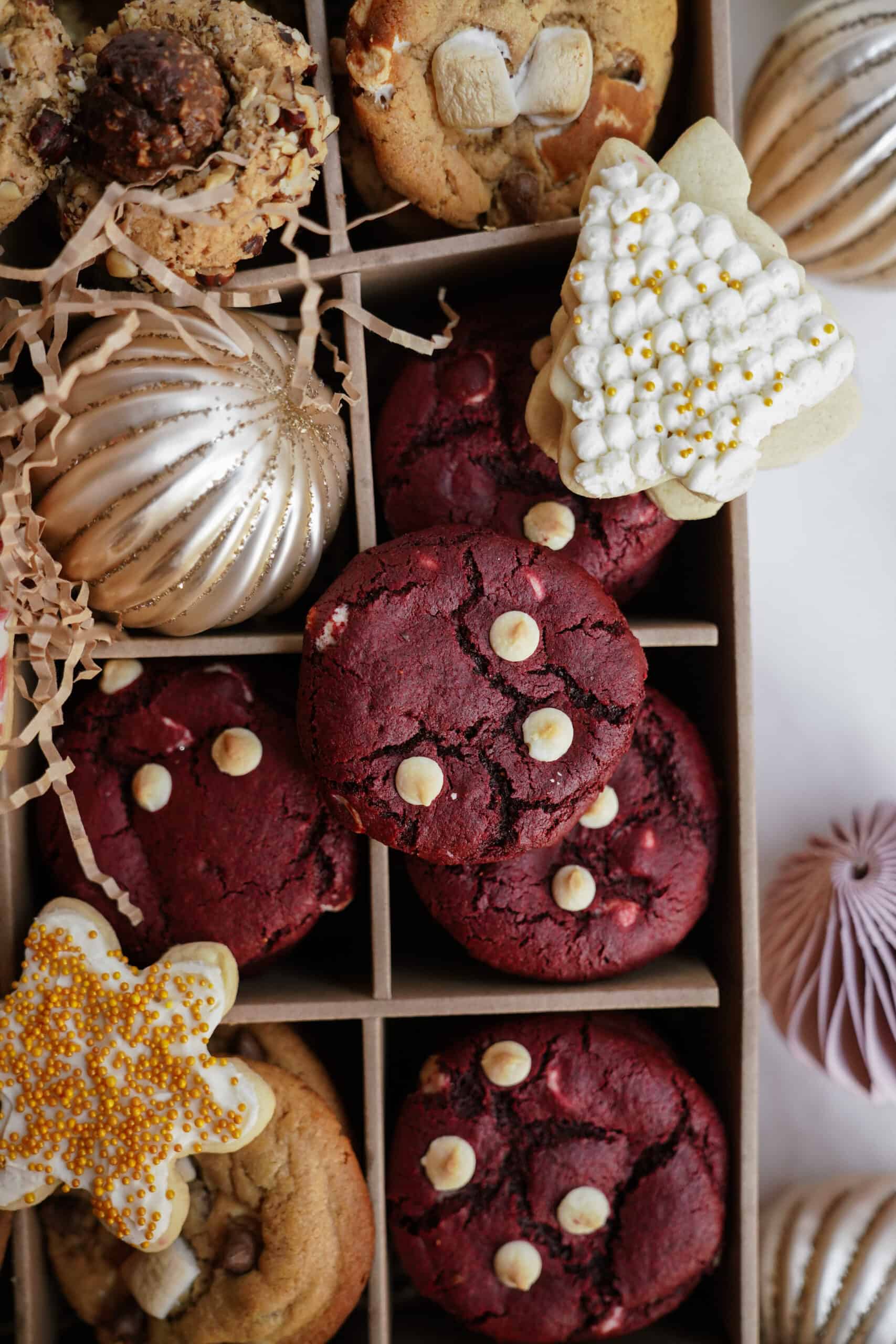 Red velvet cookies in a box of cookies