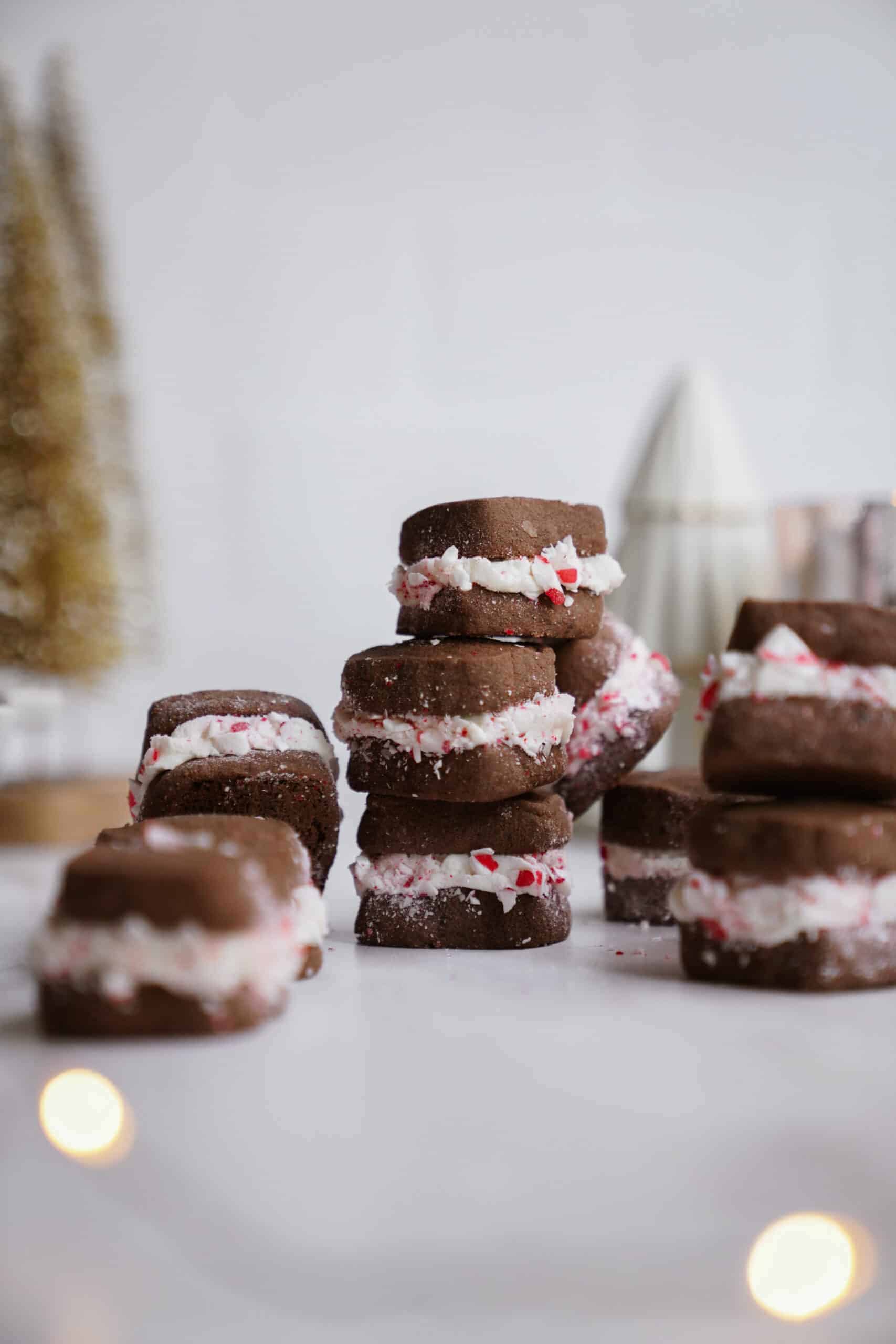 Sandwich cookies stacked on a countertop