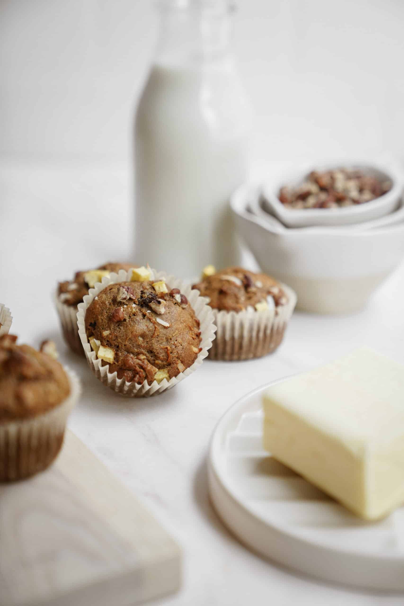 Breakfast muffins on a cutting board on a counter