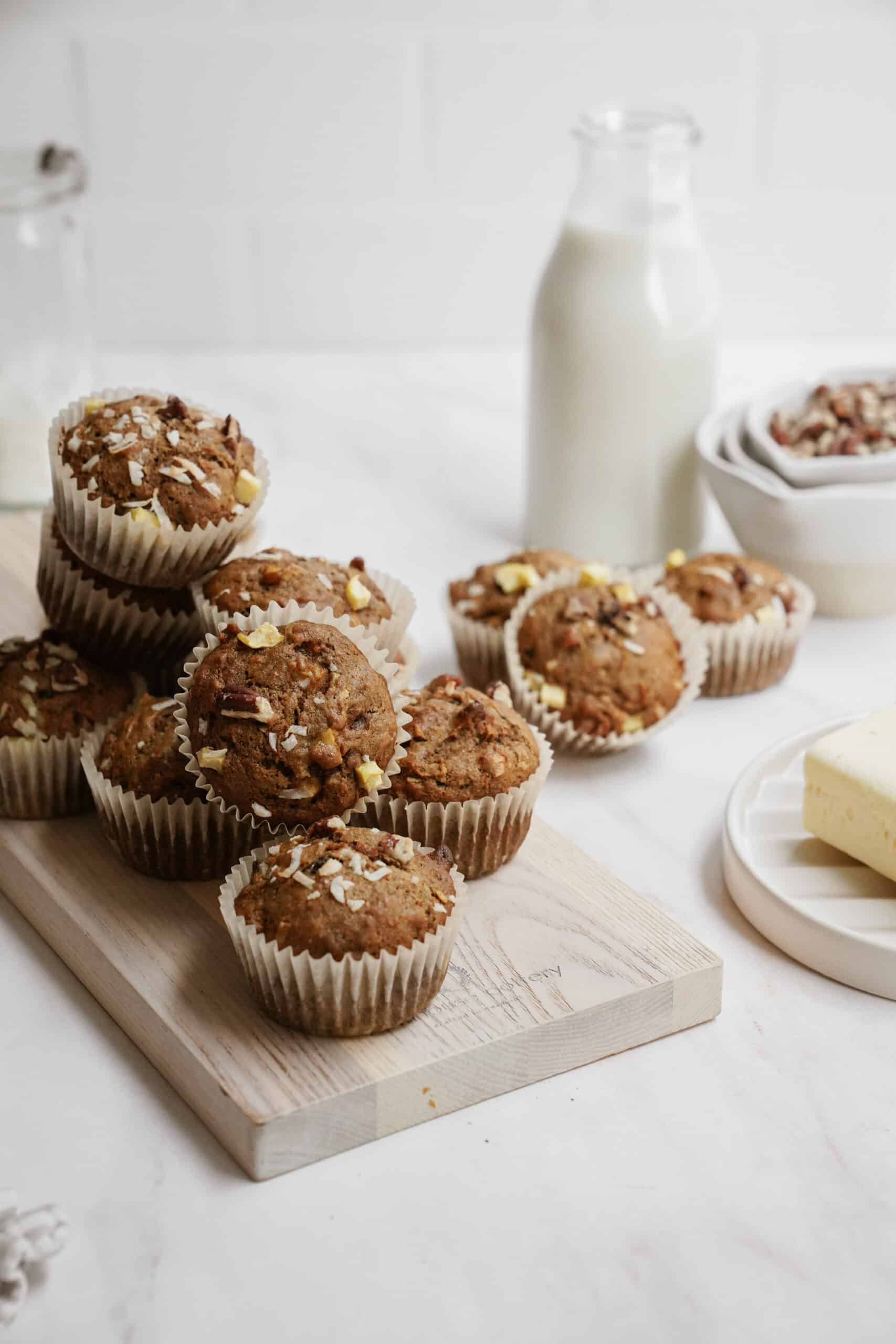 Breakfast muffins on a cutting board on a counter