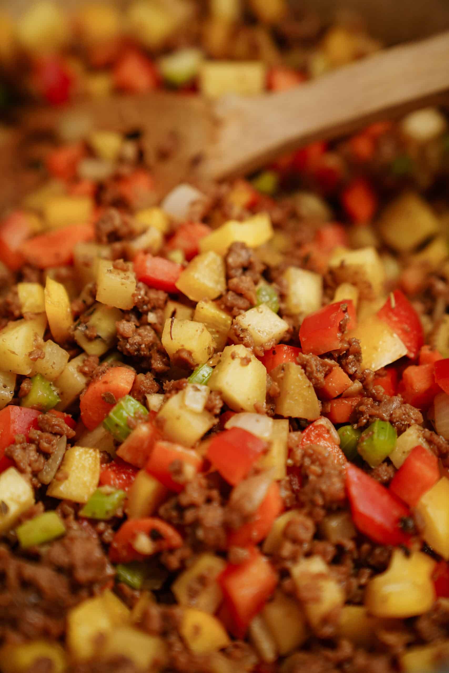 Close-up of cheeseburger soup cooking in a pot