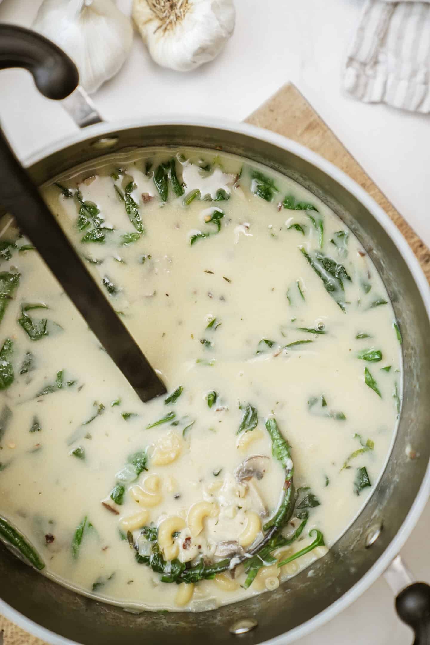 Creamy noodle soup in a pot