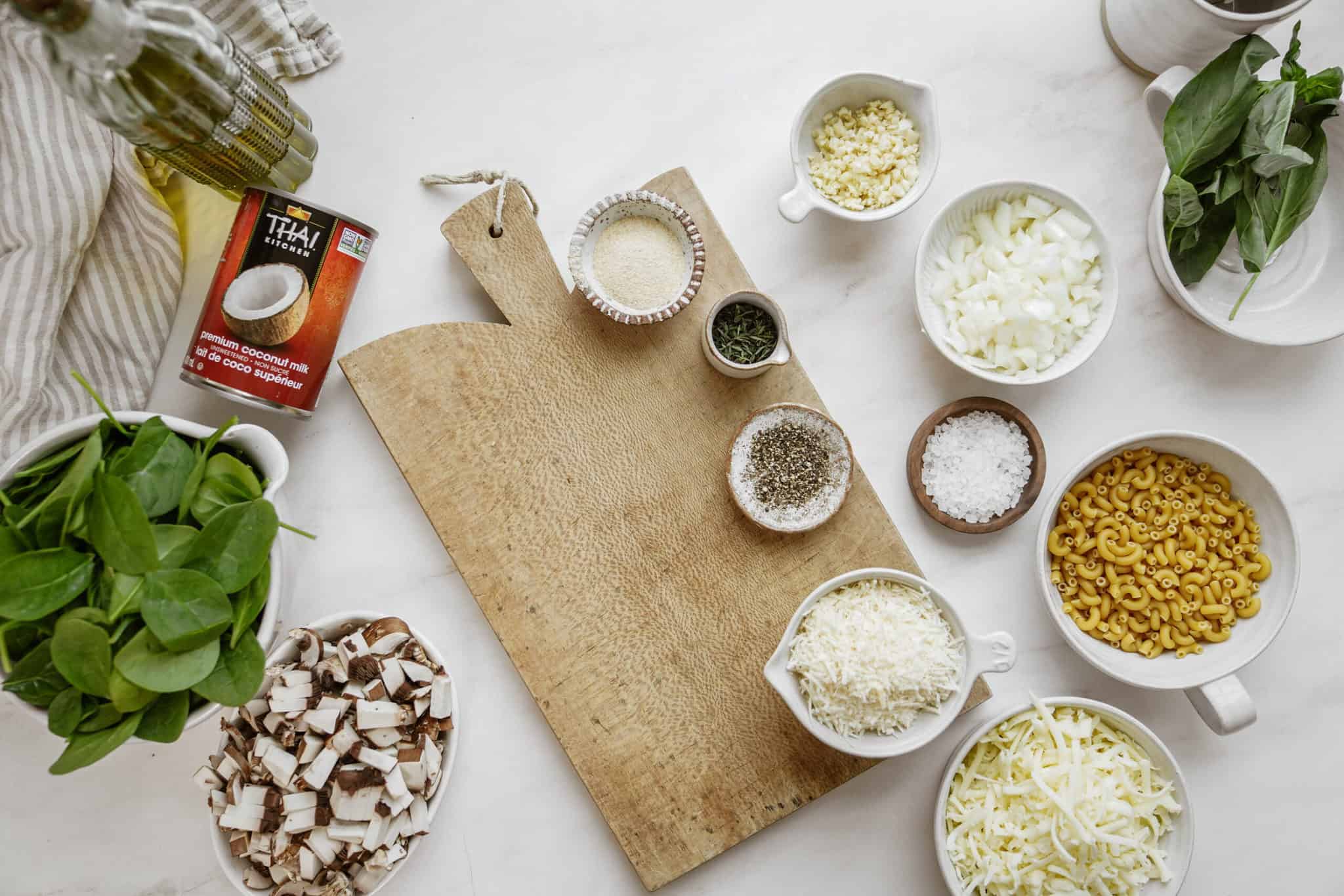 Ingredients for creamy noodle soup on counter