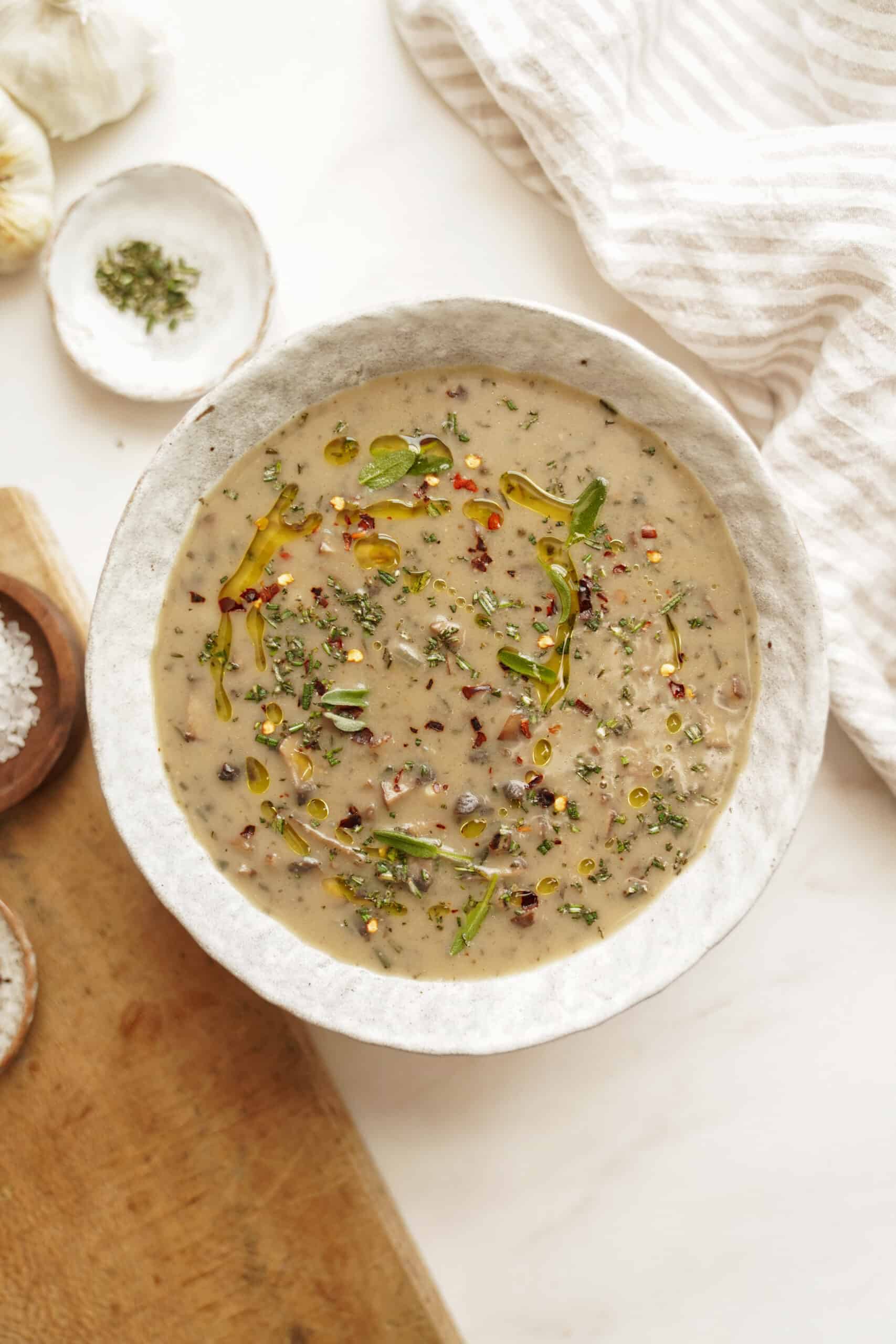 vegan cream of mushroom soup in white bowl