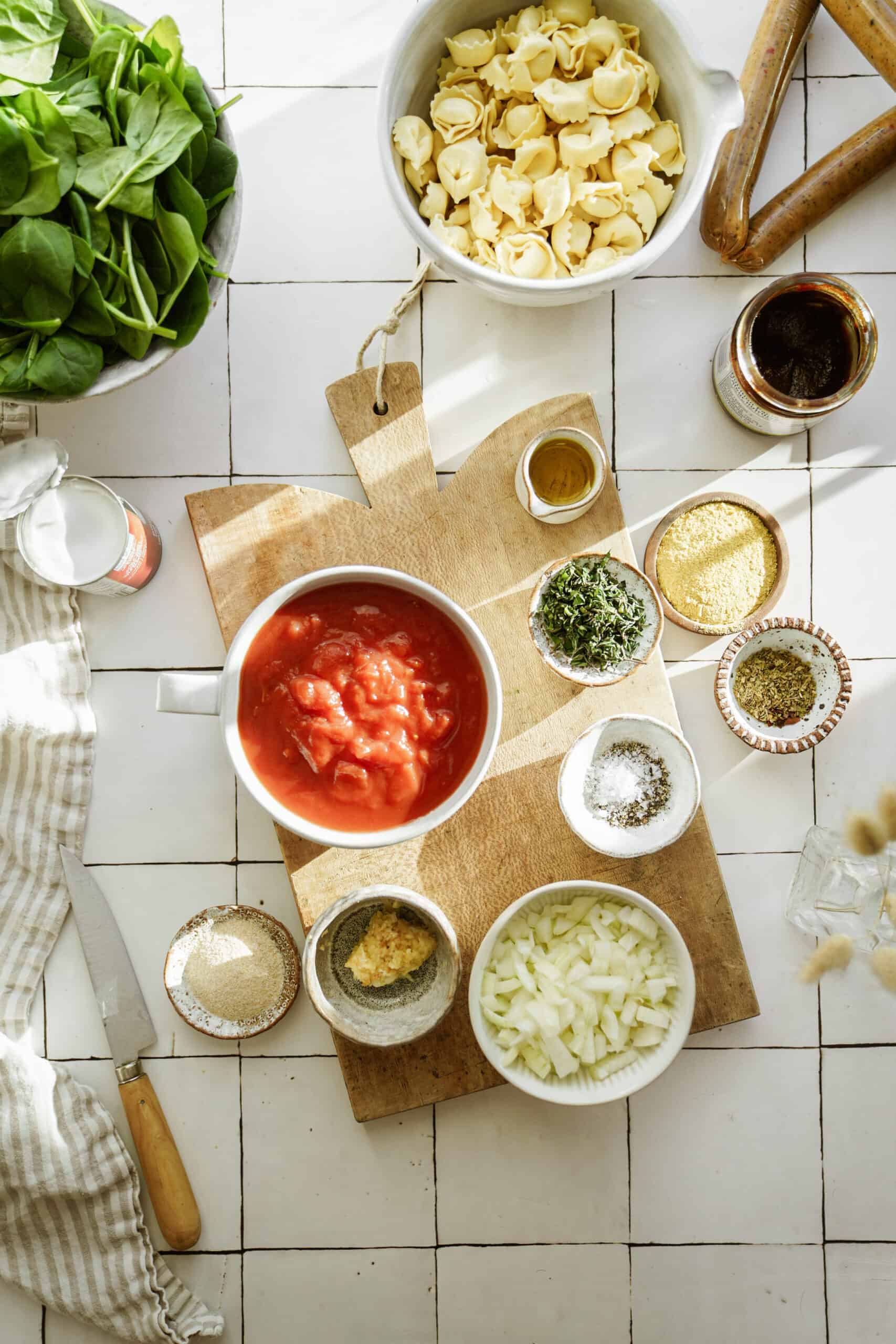 Ingredients for vegan tortellini soup