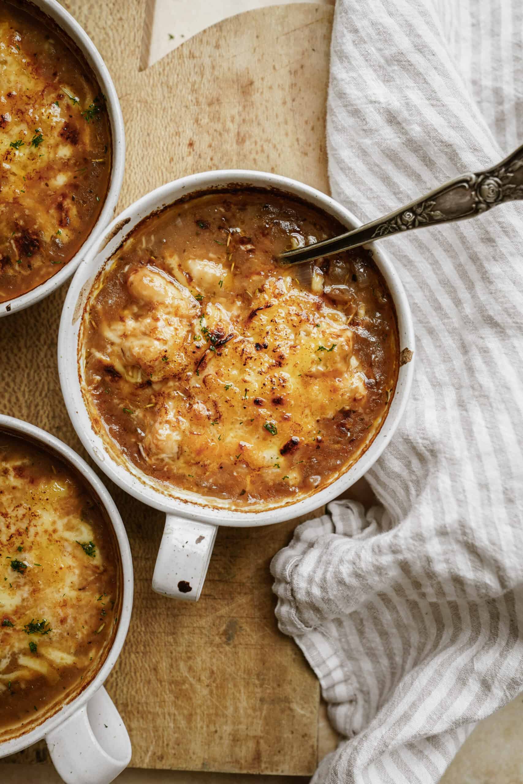 Baked gnocchi french onion soup with cheese