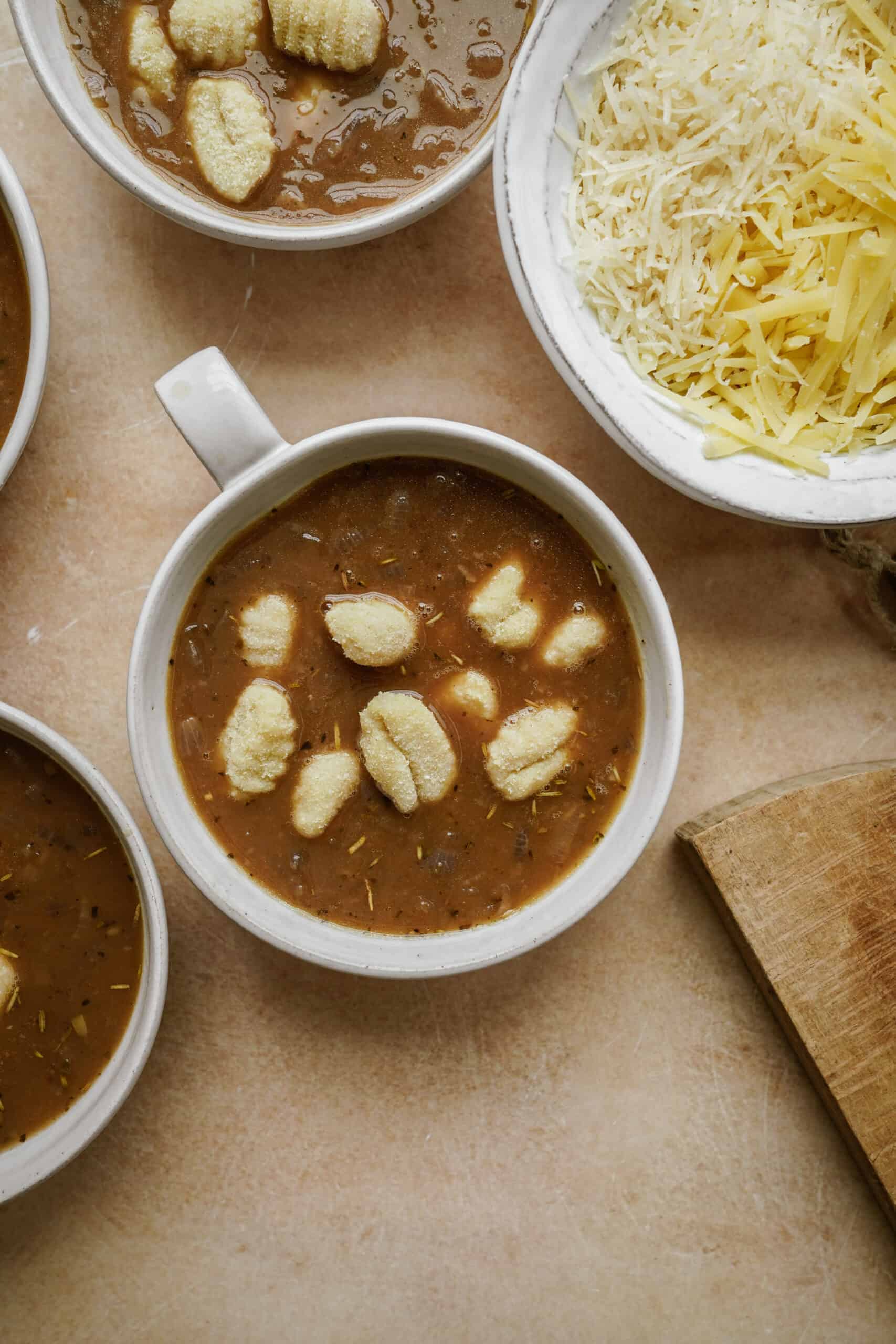 Gnocchi added to baked french onion soup