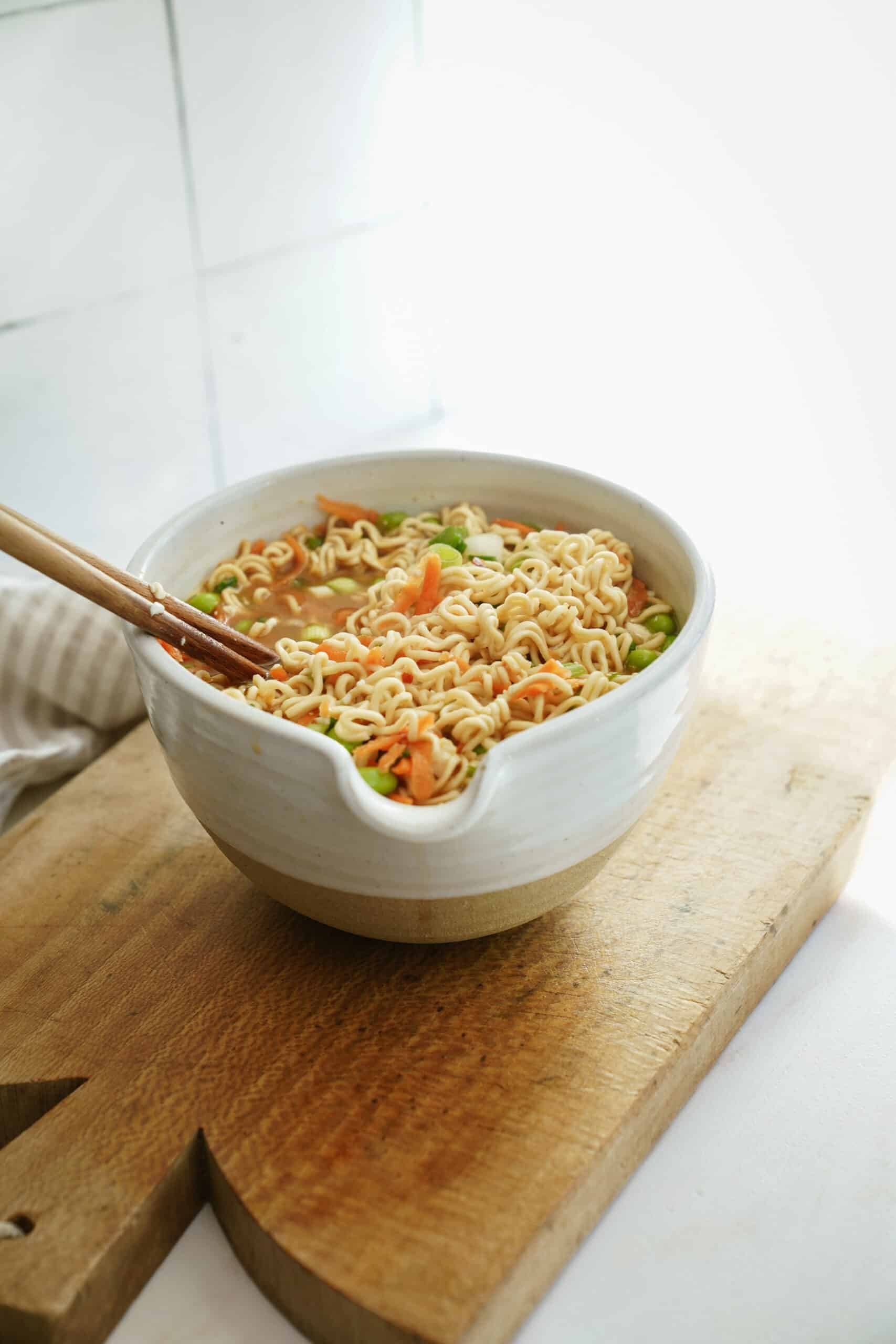 Instant noodles poured into a bowl